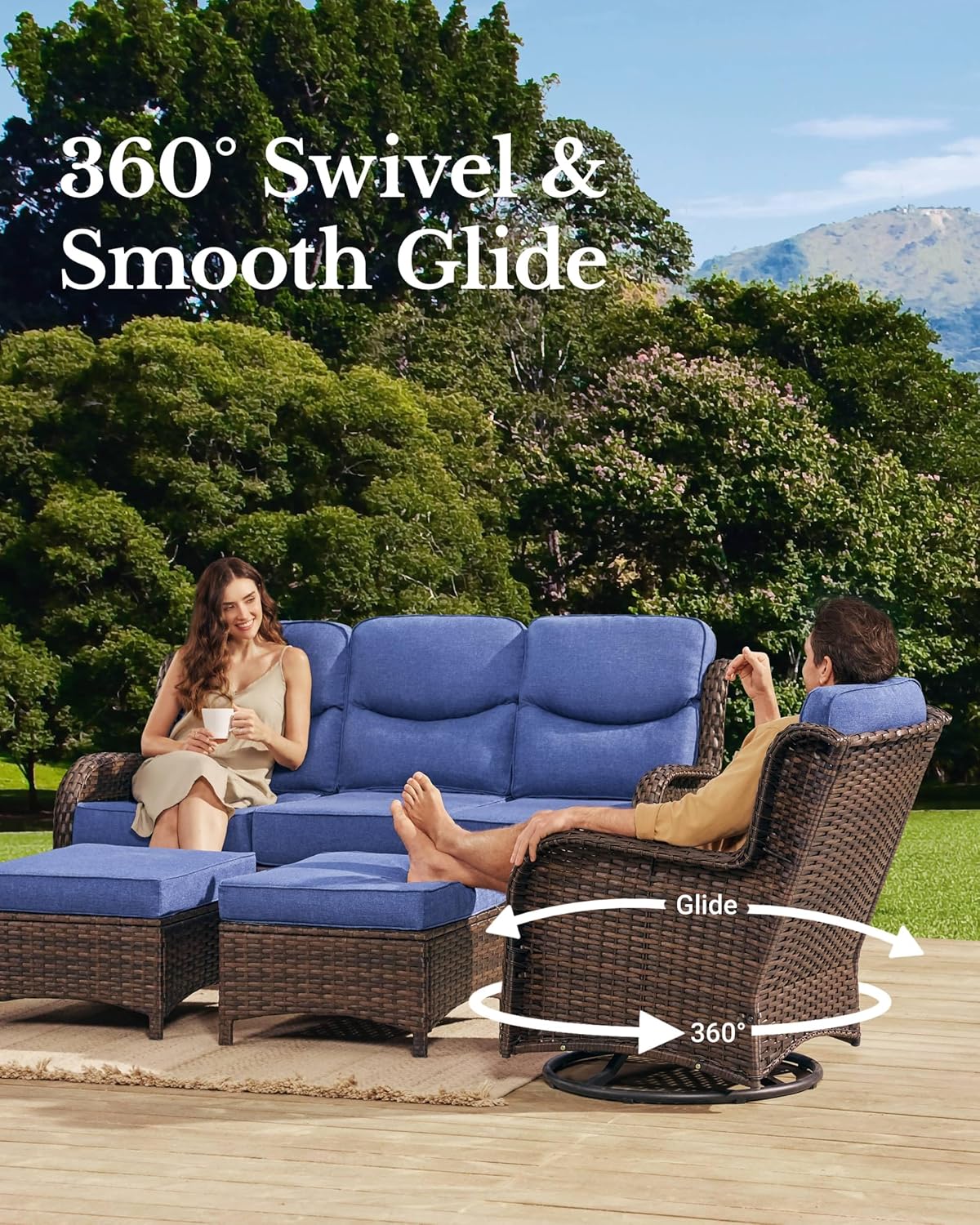 HILLGA Luxury Patio Furniture Set with 6-inch Thick Cushion, Outdoor Couch, Loveseat and High Back Swivel Rocker Patio Chairs, 7PCS Wicker Conversation Set for Deck Yard and Poolside, Blue (V2) - Image 2
