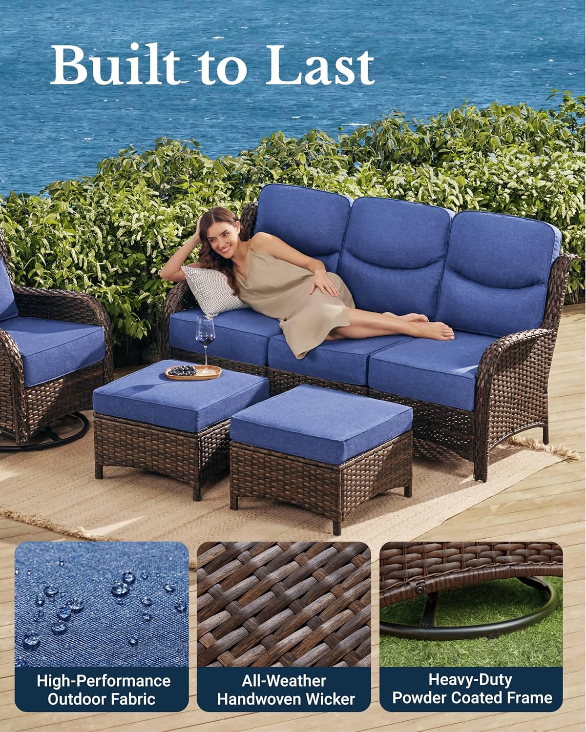 HILLGA Luxury Patio Furniture Set with 6-inch Thick Cushion, Outdoor Couch, Loveseat and High Back Swivel Rocker Patio Chairs, 7PCS Wicker Conversation Set for Deck Yard and Poolside, Blue (V2) - Image 5