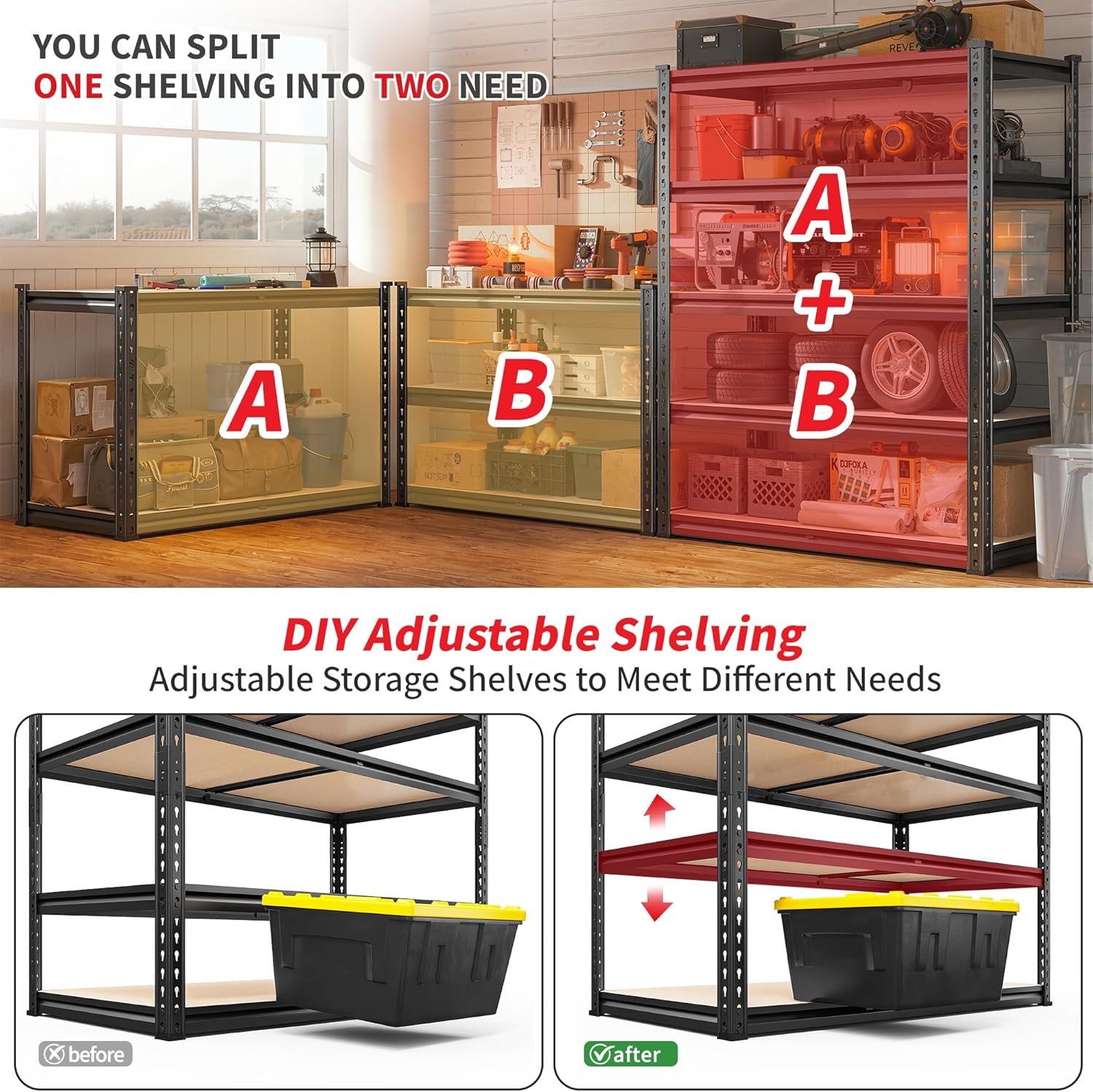 REIBII 2400LBS Garage Shelving 5 Tier Storage Shelves Heavy Duty, Adjustable Metal Shelving Unit, Garage Shelves for Basement, Warehouse, Pantry, Closet, Kitchen 72" H x 35.55" W x 16" D, 2 Pack | Heavy Duty, Adjustable, 2020LBS Capacity, Garage, Pantry, Closet - Image 6