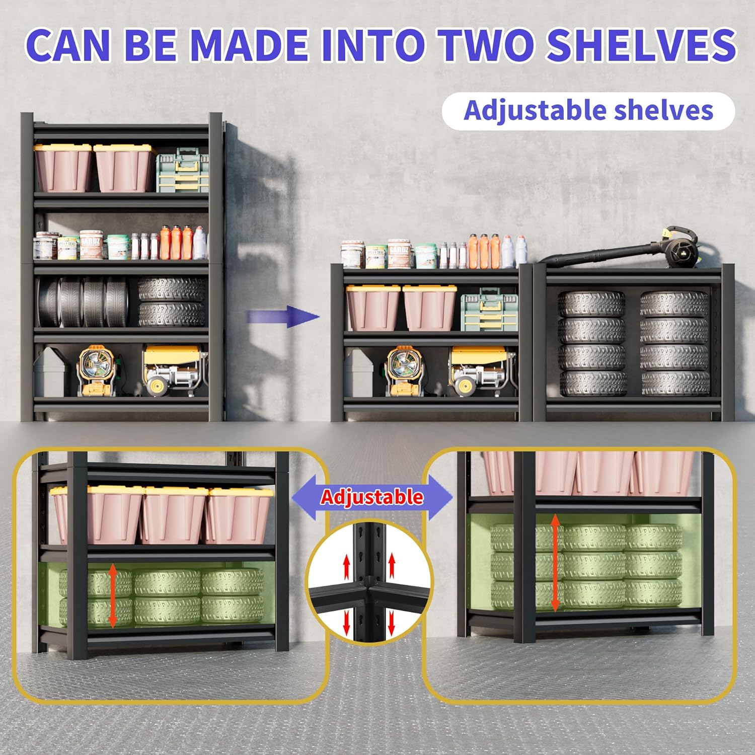 Garage Shelving Unit 24" D x 48" W x 72" H Heavy Duty Storage Shelves Easy Assembly 5 Tier Adjustable Metal Shelving Utility Shelf Rack Garage Storage Organizer for Basement, Warehouse - Image 6