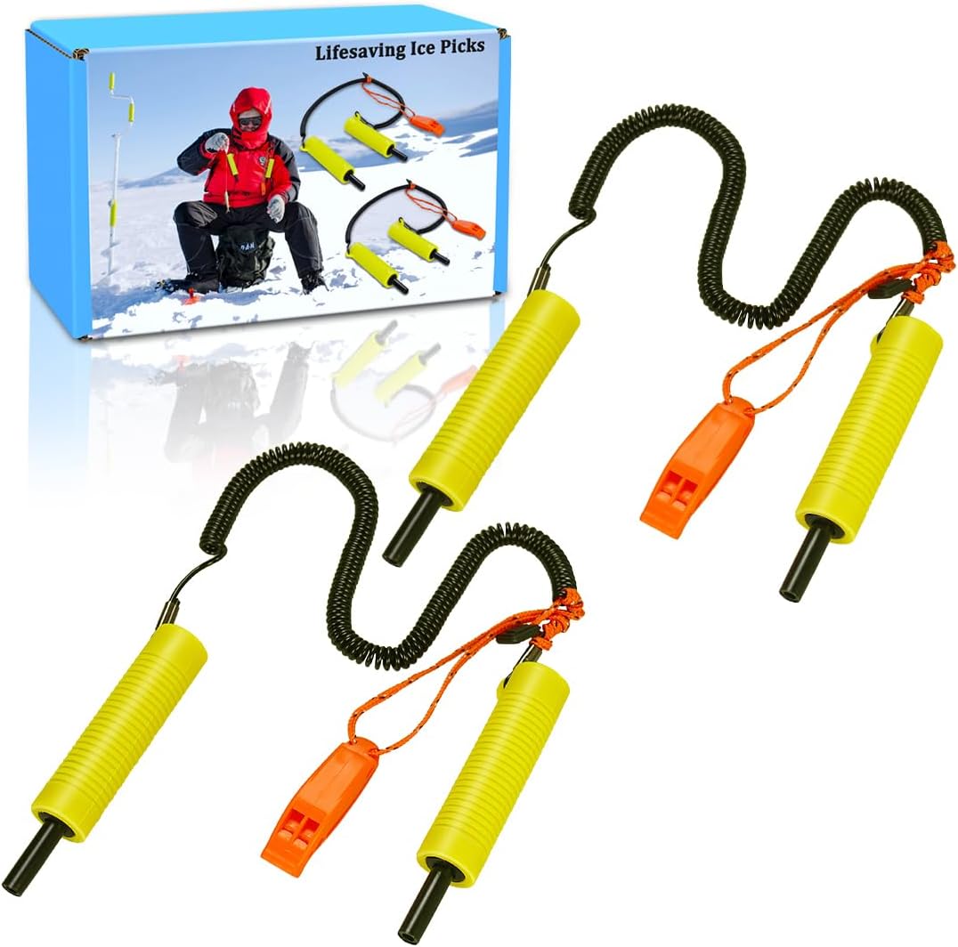 Retractable Ice Safety Picks- 11.5FT Extra Long Lanyard, Safety Whistle & Protective Covers, Durable Emergency Self-Rescue Spikes for Ice Fishing, Skating, Ice Walking & Winter Ice Activities