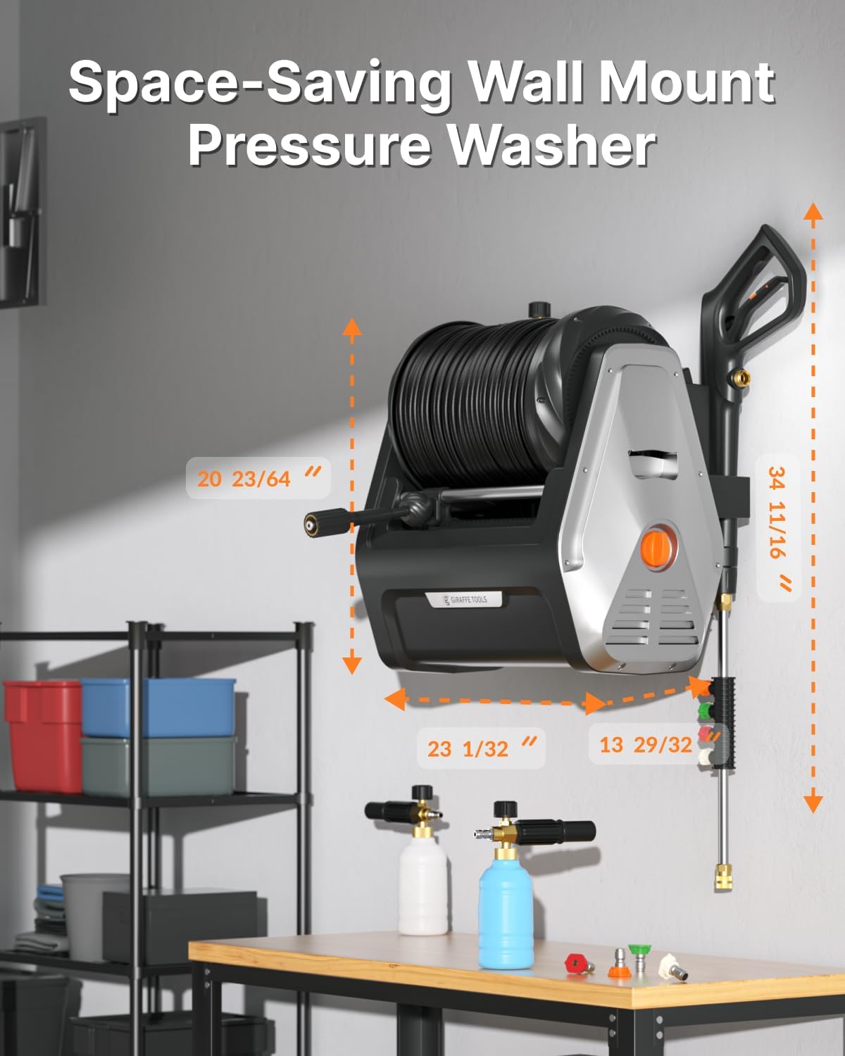 Giraffe Tools Wall Mounted Pressure Washer G30 with Upgraded 1800W Motor, Max 2900 PSI, 2.2 GPM Electric Power Washer with 100ft Retractable Black Pressure Hose, Automatic Rewind, Light Silver - Image 5