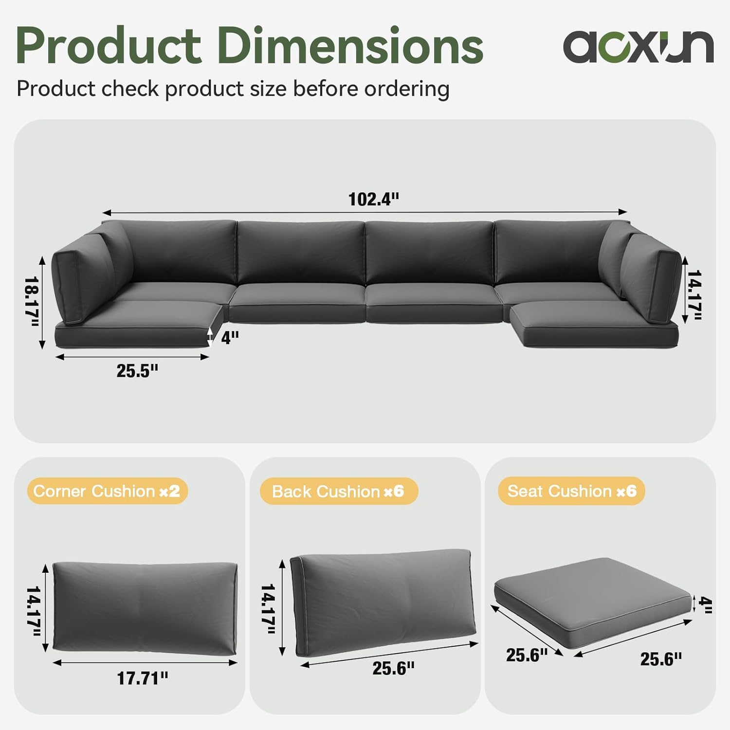 Aoxun Replacement Cushions for Outdoor Furniture, 14-Piece Outdoor Cushions for Patio Furniture, Deep Seat, Waterproof & Fade Resistant Couch Cushion for 6-Seat Patio Conversation Sets, Grey - Image 3