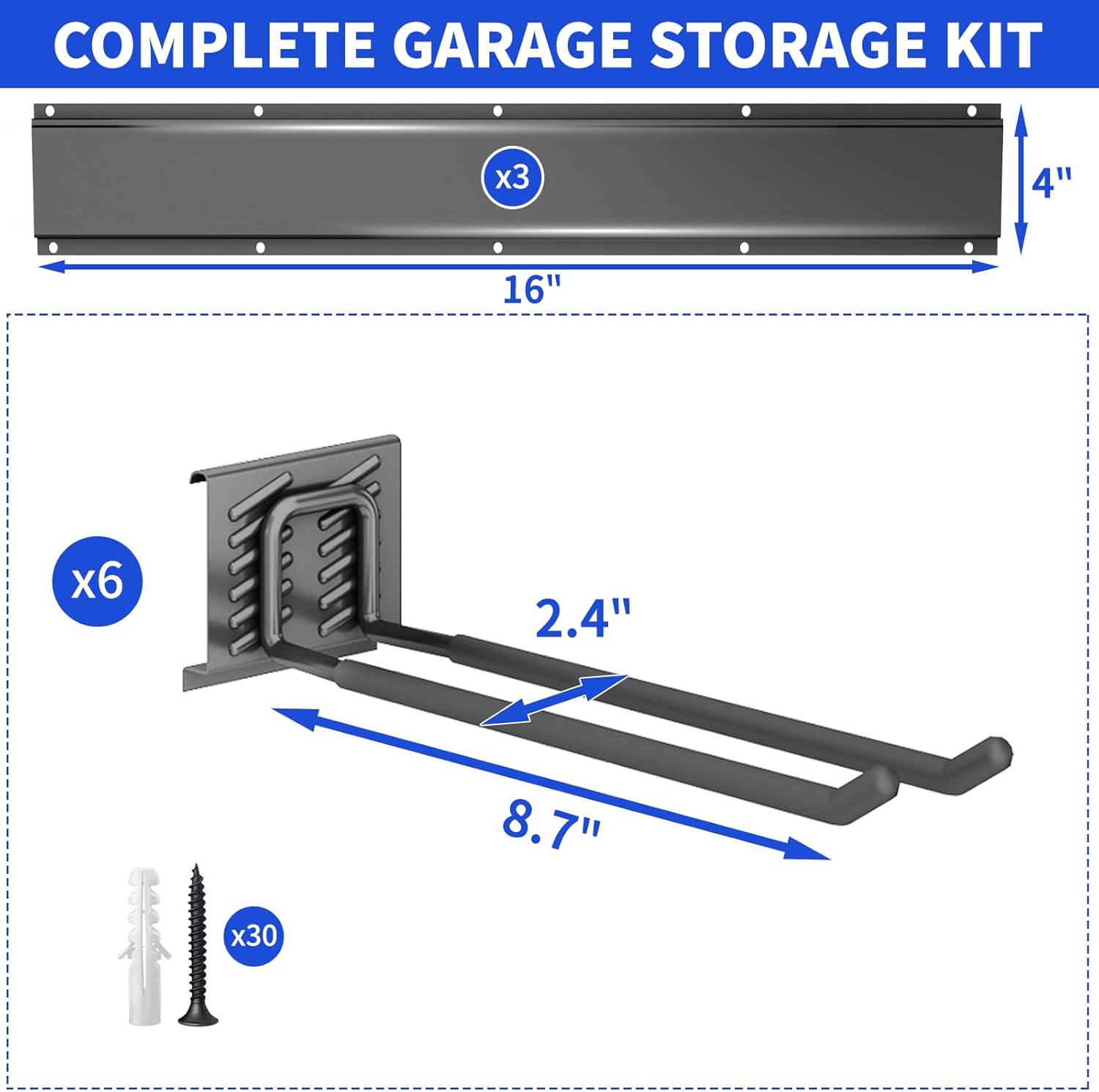 Garage Tool Organizer Wall Mount, 48inch Heavy Duty Garden Tool organizer Storage System, Easy Install With 6 Adjustable Straight Hooks, For Garage, Basement, Shed, Workshop(Black) - Image 7
