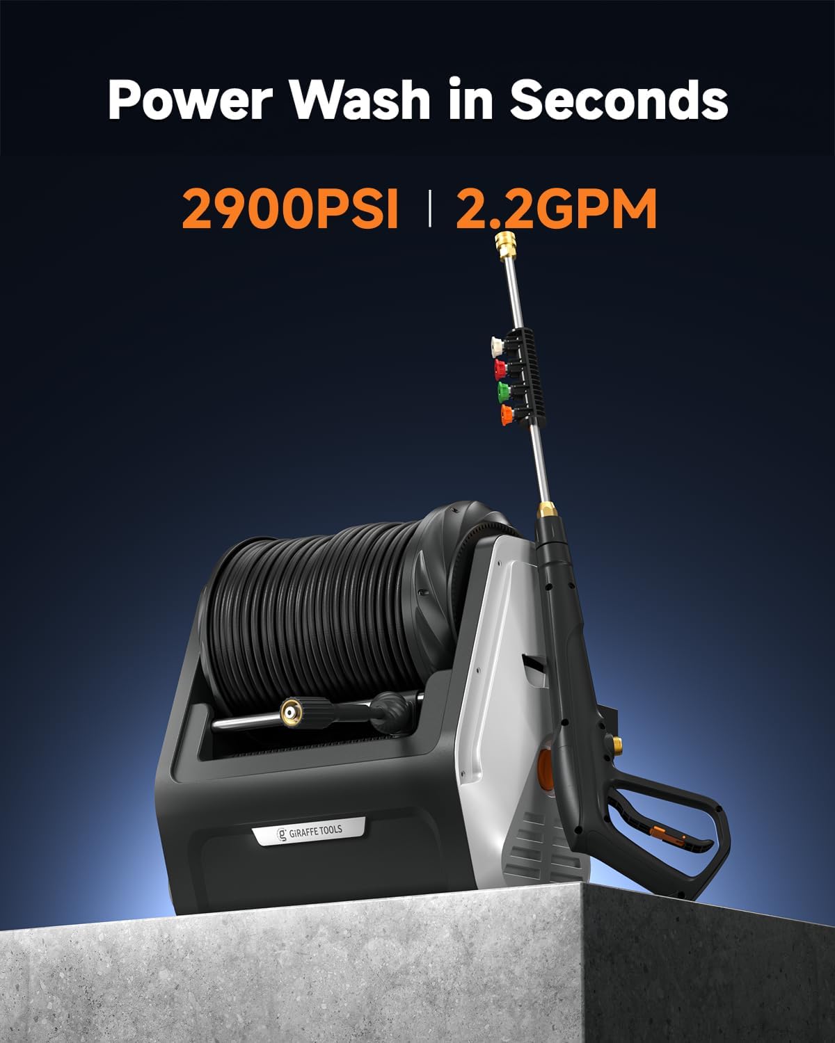 Giraffe Tools Wall Mounted Pressure Washer G30 with Upgraded 1800W Motor, Max 2900 PSI, 2.2 GPM Electric Power Washer with 100ft Retractable Black Pressure Hose, Automatic Rewind, Light Silver - Image 4