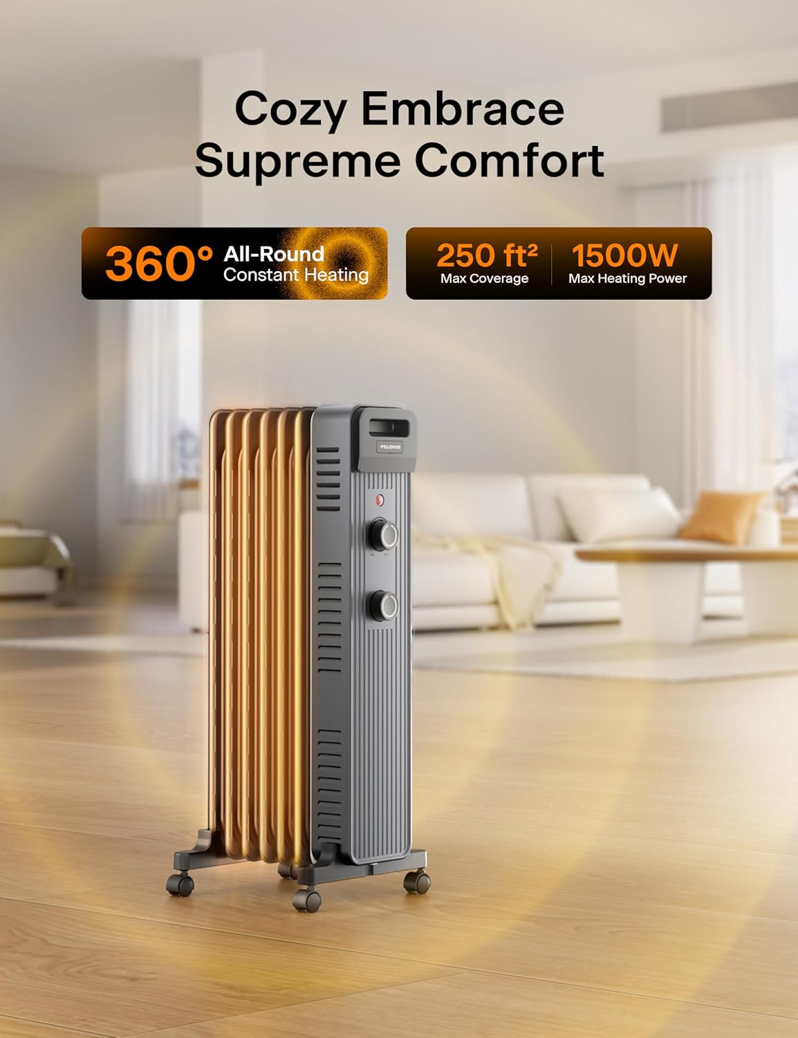 Pelonis Oil Filled Radiator Heater for Large Space, 2025 Upgraded, Space Heaters with 1500W Quiet Warmth Radiant Heater, 3 Heating Modes, Overheat & Tip-Over Protection, Adjustable Thermostat, Black - Image 3