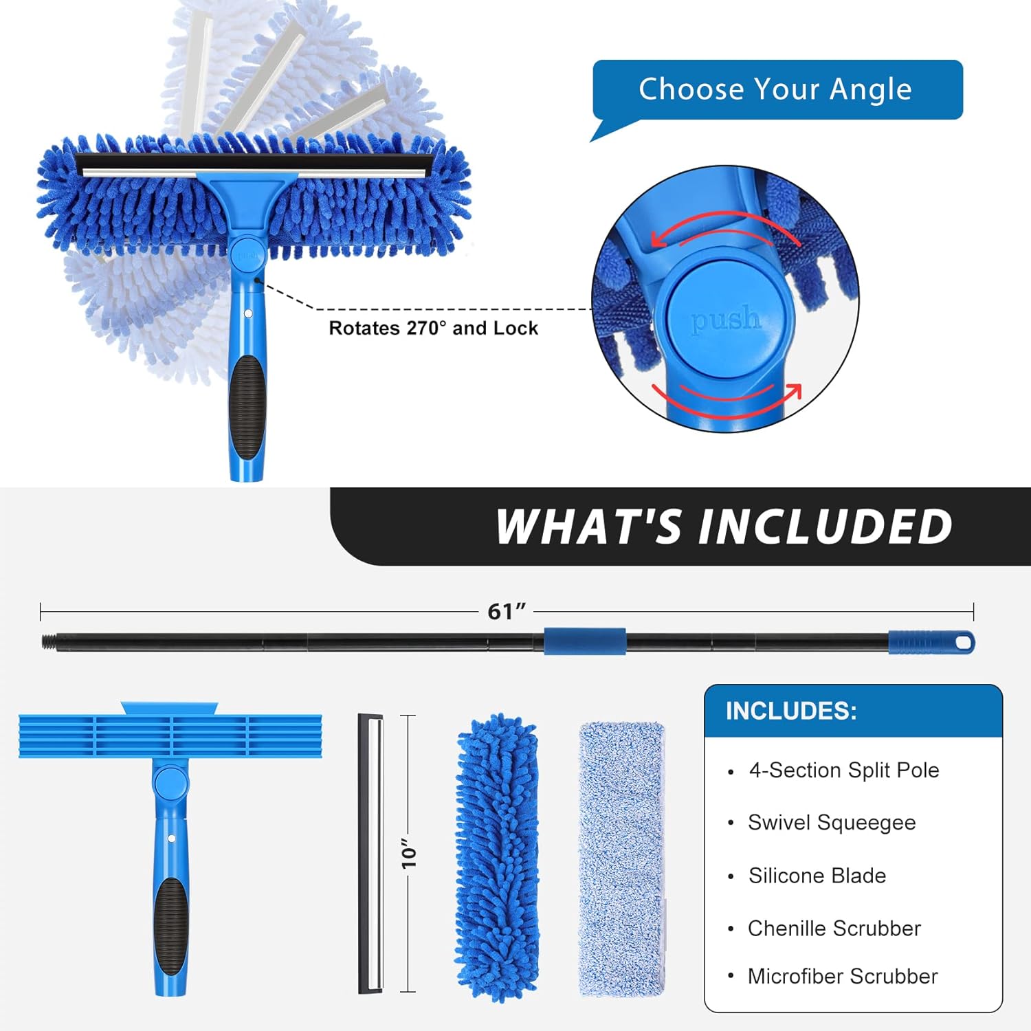 VITEVER Professional 69'' Window Squeegee Cleaner Tool with Extension Pole, 2-in-1 Squeegee for Window Cleaning Kit with Scrubber and Rotating Head, 1 Blade 2 Scrubber - Image 2