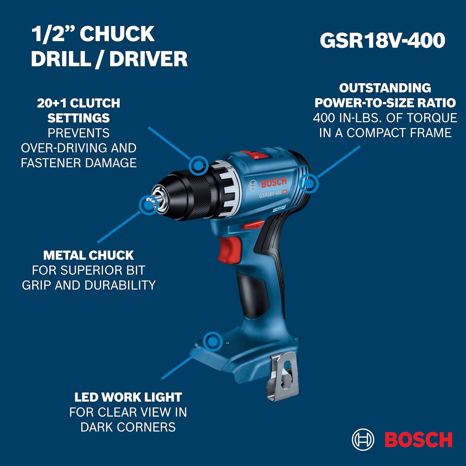 BOSCH GXL18V-27B22 Power Tool Combo Kit - 18V Brushless Compact 1/2 In. Cordless Drill Driver and 1/4 In. Hex Impact Driver (Includes: Two 2.0Ah Batteries, 18V Charger, and Carrying Tool Bag) - Image 7