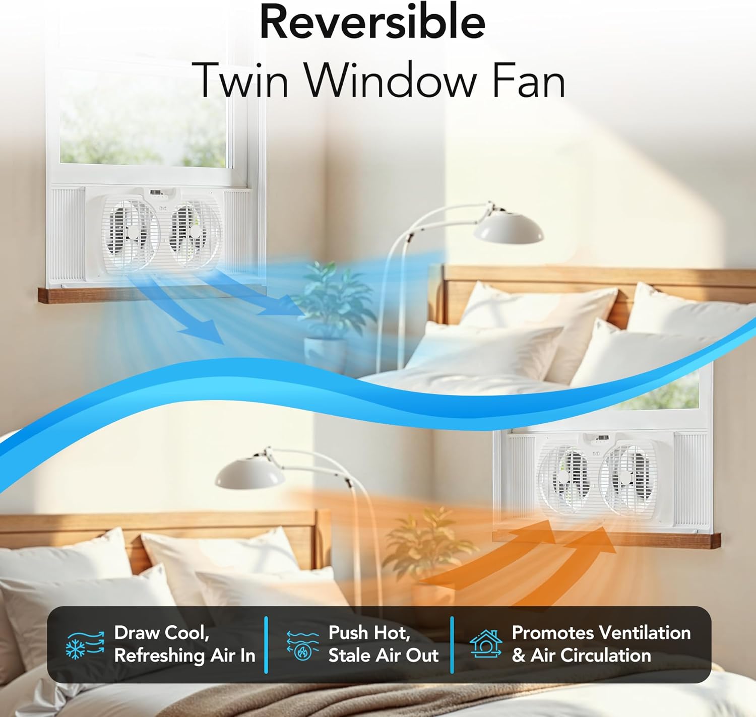 Comfort Zone 9-Inch 3-Speed Reversible Twin Window Fan – Dual Blade Window Exhaust Fan with Auto-Locking Expanders, 22.25" to 33" Wide – Tabletop Feet & Removable Bug Screen included - Image 3