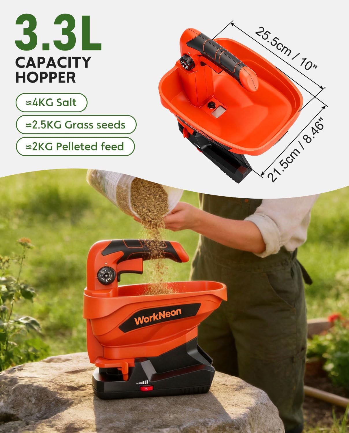 Battery Powered Seed Spreader, 7.2V Salt Spreader for Snow, Ice Melt Spreader, Rechargeable Grass Seed Spreader with 8-Level Settings and 3.3L Large Capacity - Image 5