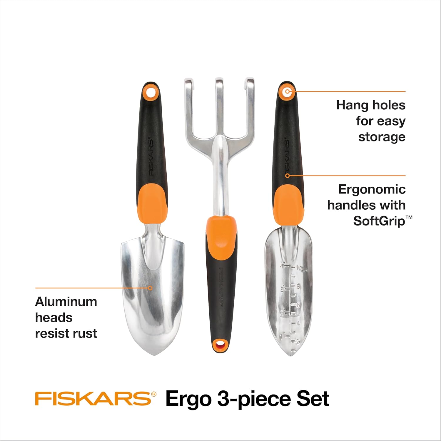 Fiskars 3-in-1 Garden Tool Set, Polished Cast-Aluminum Heads for Rust Resistance, Heavy-Duty Trowel, Transplanter & Cultivator for Digging and Planting, Non-Slip SoftGrip Handles Reduce Fatigue - Image 2