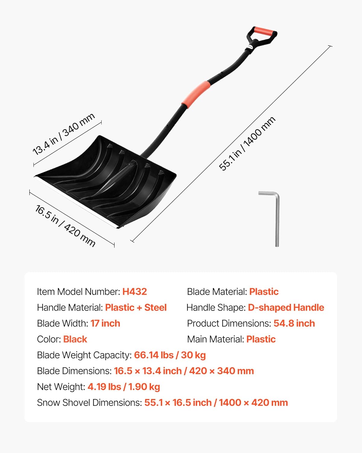 VEVOR Snow Shovel for Driveway, 17 in Wide Plastic Snow Shovel with D-Shaped Handles & Aluminum Blade, Large Capacity Snowplow Shovels, Lightweight Snows Removal Tool for Garden Car Camping - Image 7