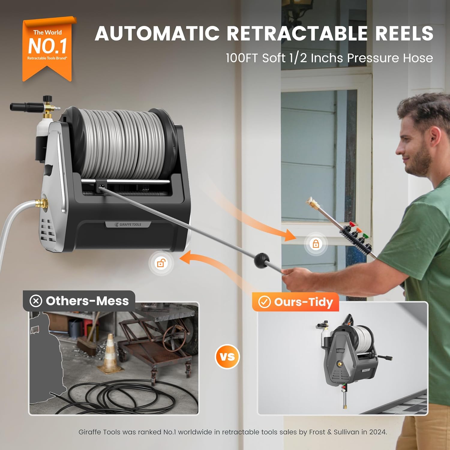 Giraffe Tools Grandfalls Wall Mount Pressure Washer Plus, Electric Power Washer with 1800W Motor, 4-Nozzles, Automatic Rewind, Any Length Lock, 100ft Pressure Hose - Image 4