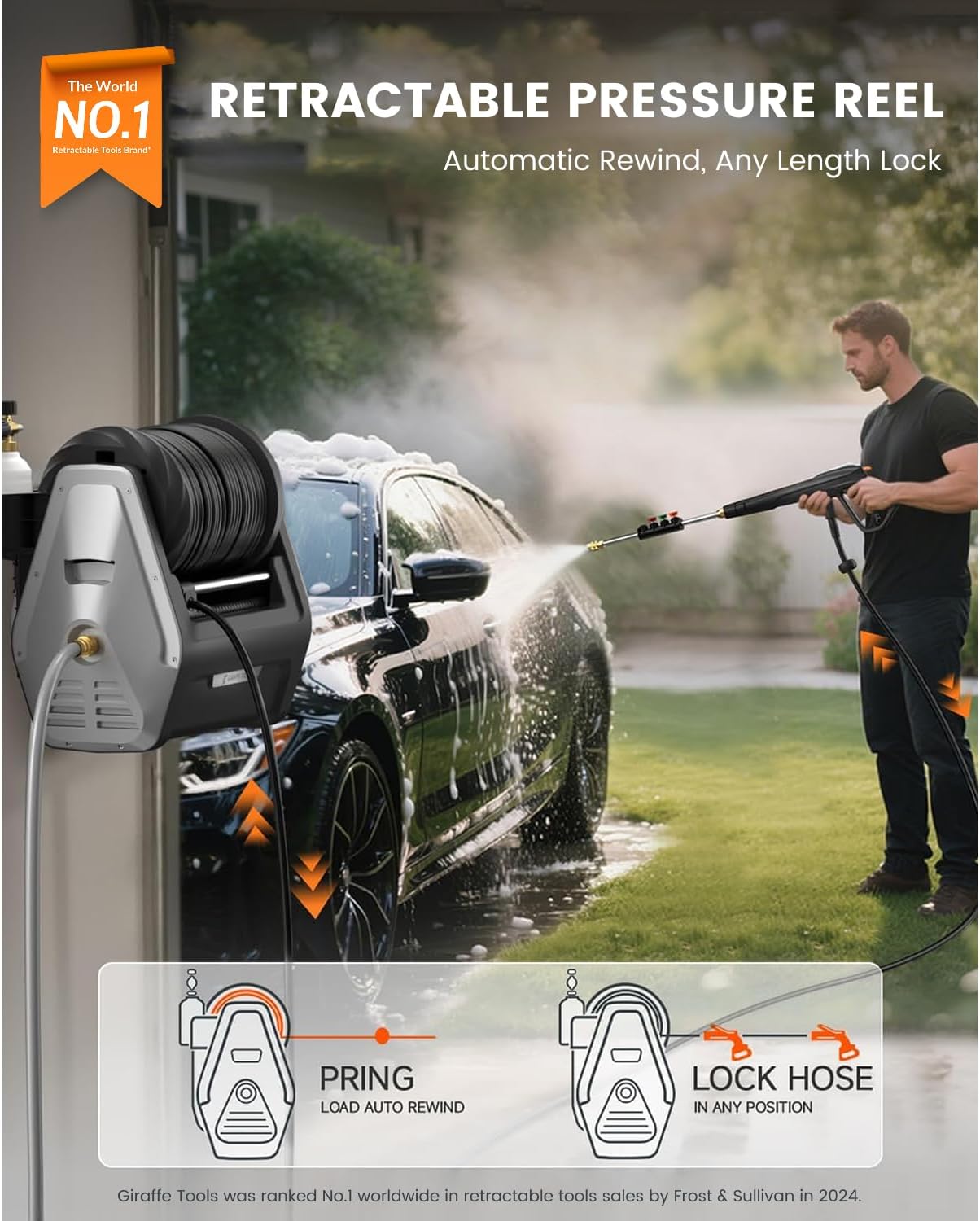 Giraffe Tools Wall Mounted Pressure Washer G30 with Upgraded 1800W Motor, Max 2900 PSI, 2.2 GPM Electric Power Washer with 100ft Retractable Black Pressure Hose, Automatic Rewind, Light Silver - Image 2