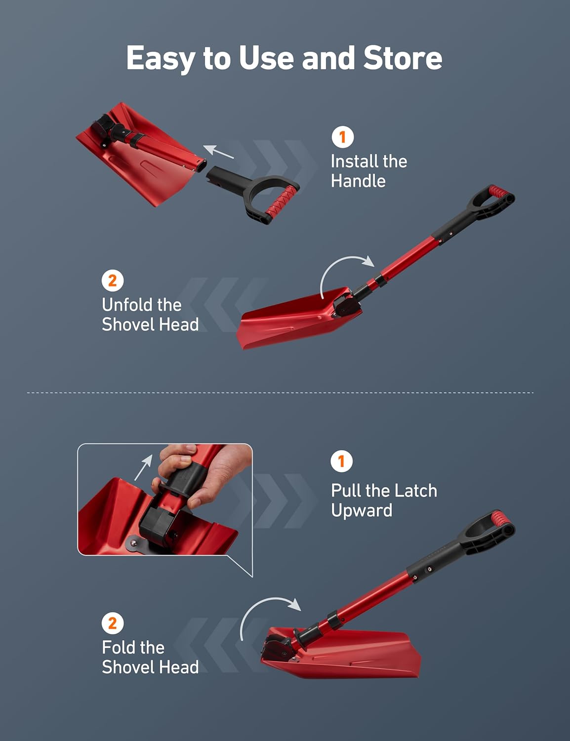 AstroAI 38.4" Foldable Snow Shovel for Car, Retractable Snow Shovel with Thickened Aluminum Handle and Reinforced Iron Hinge, Portable and Multi-Functional for Driveway, Cars, Camping and Slush,Red - Image 2