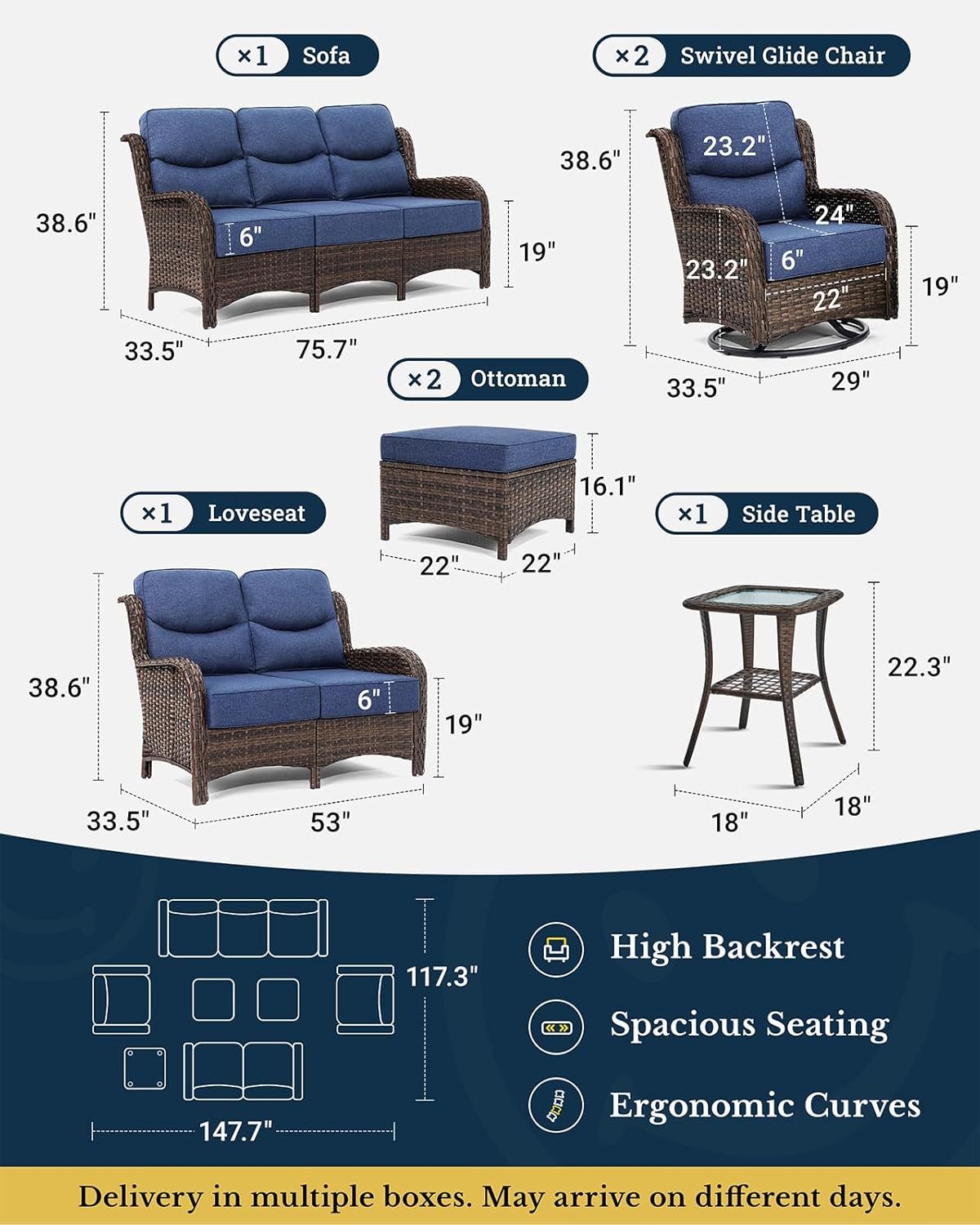 HILLGA Luxury Patio Furniture Set with 6-inch Thick Cushion, Outdoor Couch, Loveseat and High Back Swivel Rocker Patio Chairs, 7PCS Wicker Conversation Set for Deck Yard and Poolside, Blue (V2) - Image 6
