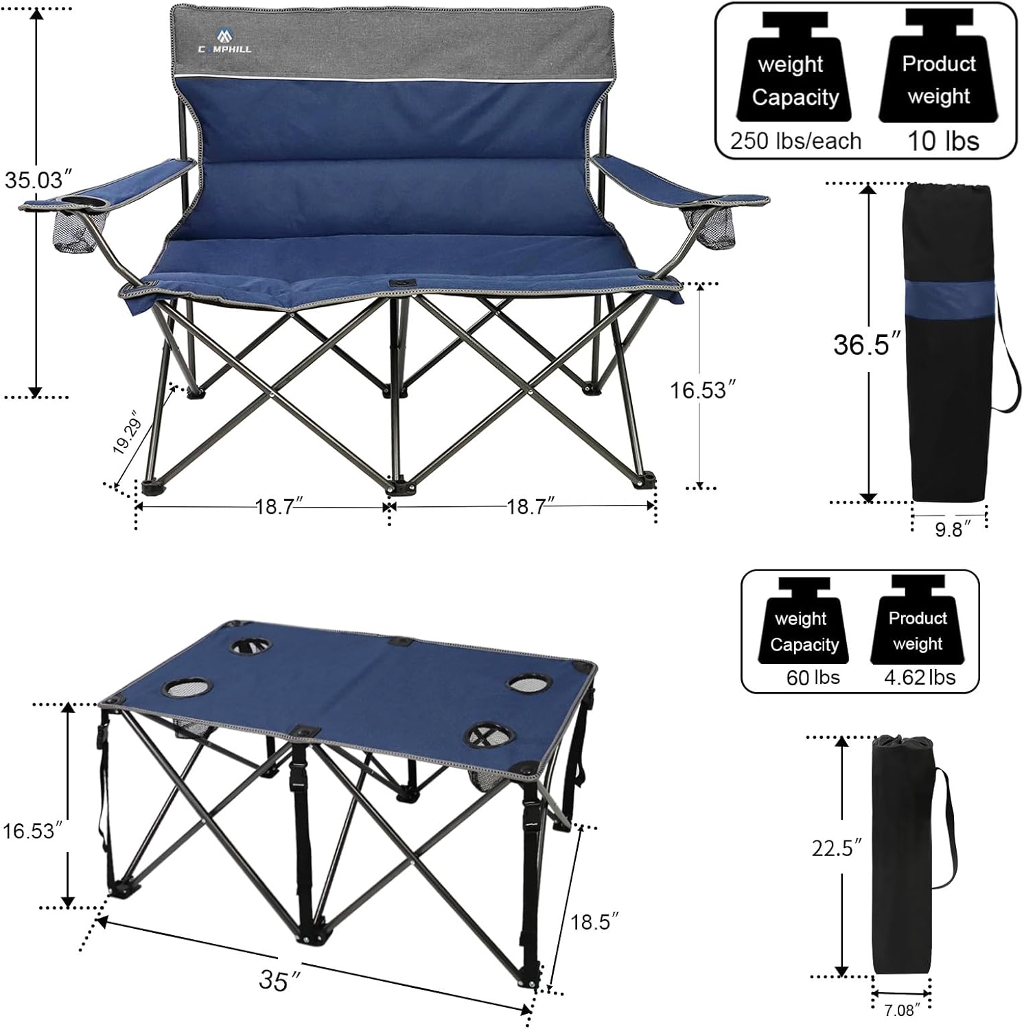 CAMPHILL Camping Chair Set of 3, Outdoor Folding Camping Chairs for Heavy People with Cup Holder & Carry Bag,Collapsible Chair Include One Sofa Chair and Two Single Chair,Support up to 500lbs - Image 3
