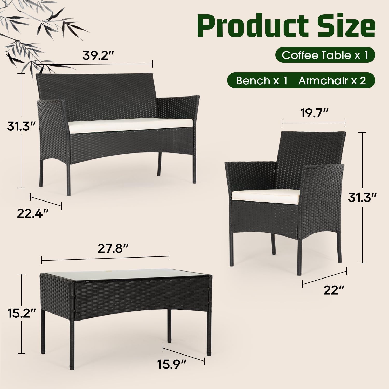 FDW | 4-Piece Patio Furniture Set | Black | Outdoor Wicker Furniture with Coffee Table | Modern Rattan Chairs Conversation Set | Outdoor Seating | Weather-Resistant | for Porch, Garden, Lawn - Image 2
