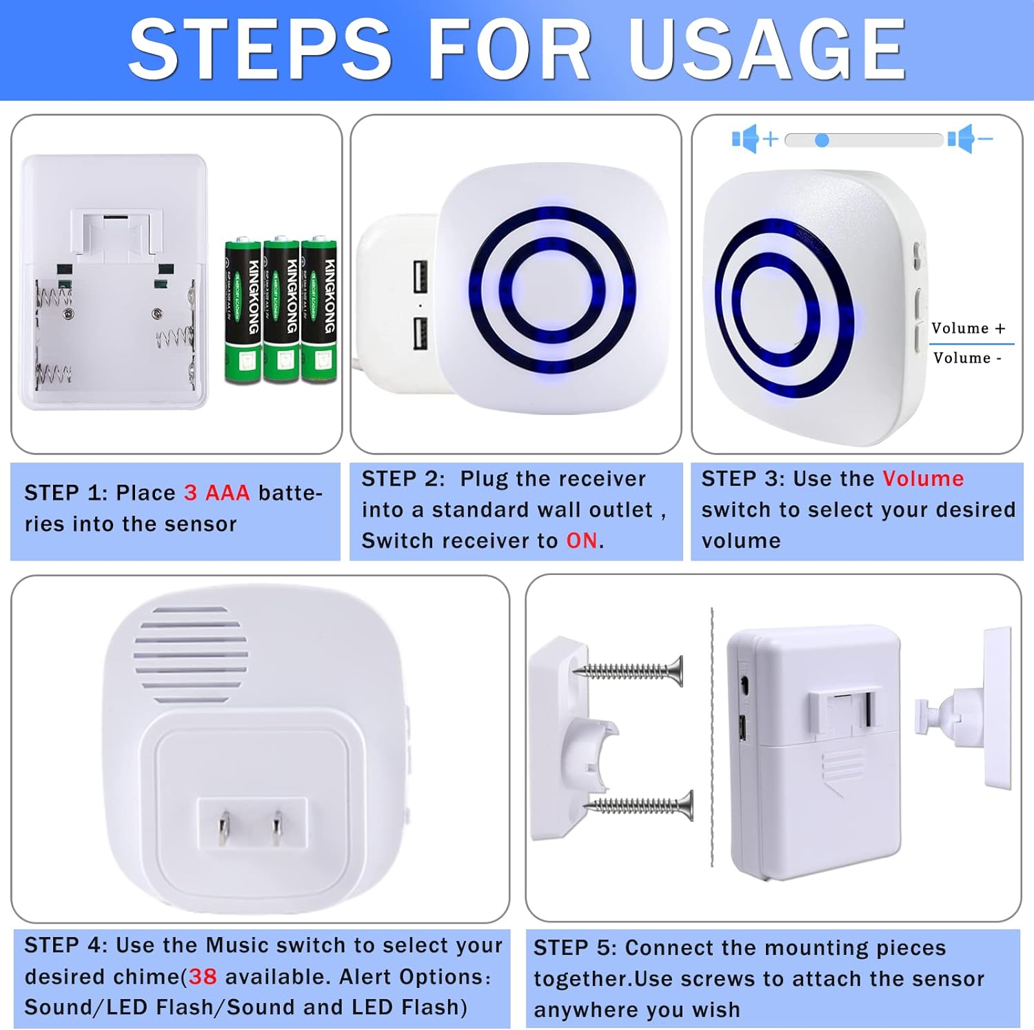 Motion Sensor Alarm,Wireless Driveway Alarm Indoor Home Security Business Detector Alert System -Monitor&Protect Property - 2 Receiver and 3 PIR Sensor-38 Chime Tunes - Image 3