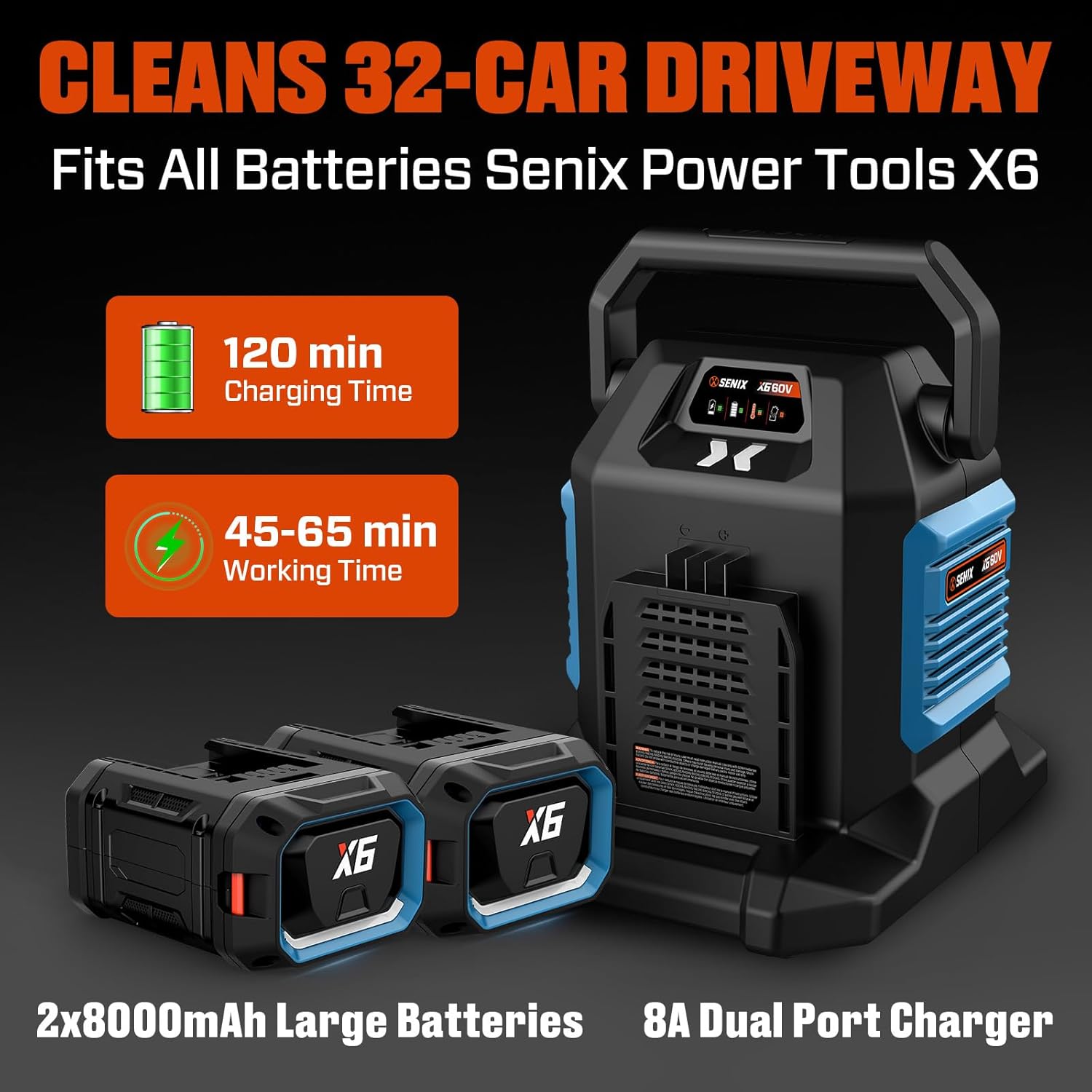 SENIX 60V 21" Cordless Snow Blower, Steel Auger, 3500W Brushless Motor, Heated Handle,13" Depth, 45FT Throw Distance, LED Lights, 16000mAh Batteries & Dual Port Charger,1200lbs/min - Image 4