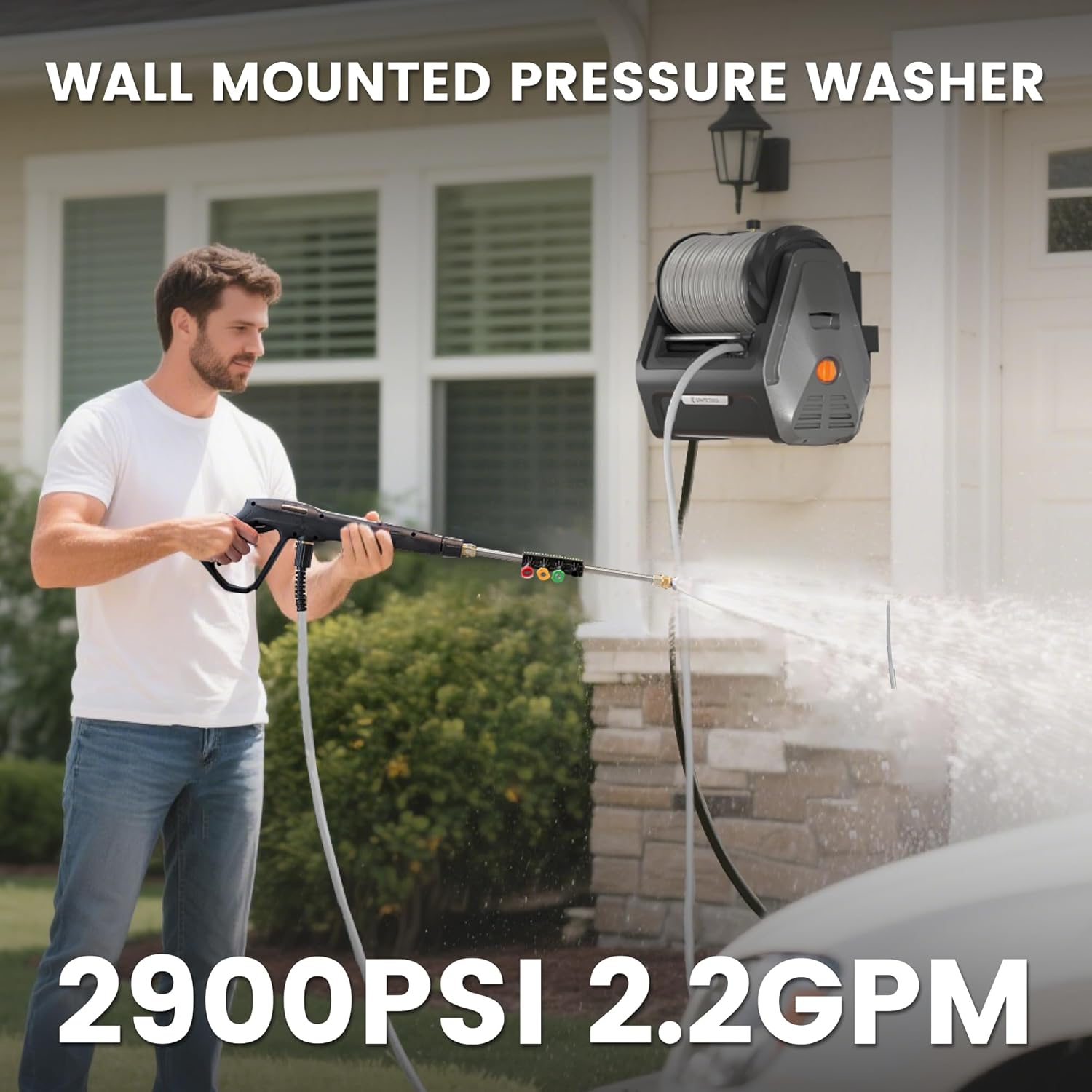 Giraffe Tools Grandfalls Retractable Wall Mount Pressure Washer Plus, Max 2900PSI 2.2 GPM, Electric Power Washer with 100ft Pressure Hose for Car/Patios, Automatic Rewind, Dark Silver - Image 2