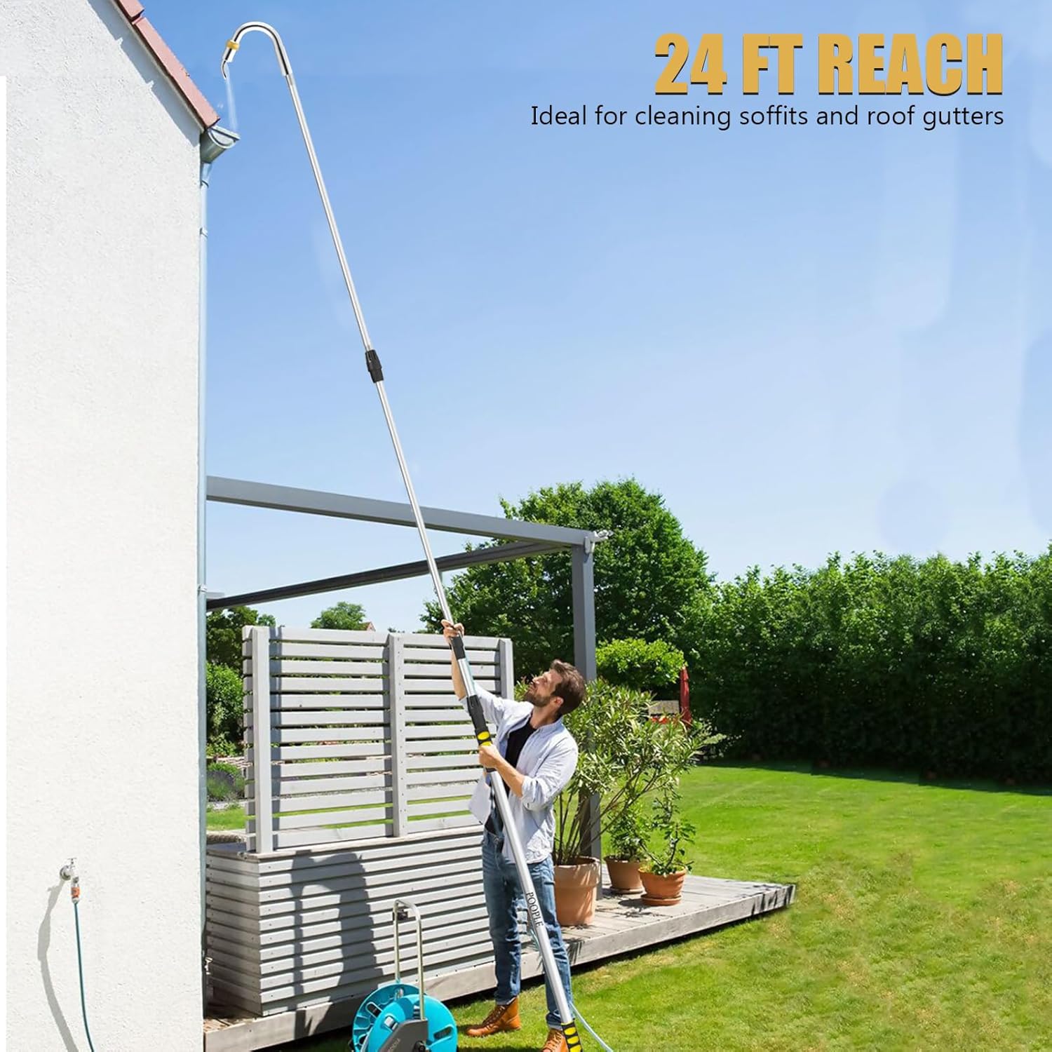 16ft (24ft Reach) Gutter Cleaning Tools from The Ground, Telescoping Rain Gutter Cleaner Tool, Gutters Cleaning Wand, Gutters Cleaning Hose Attachment & Connection Adapter - Image 3