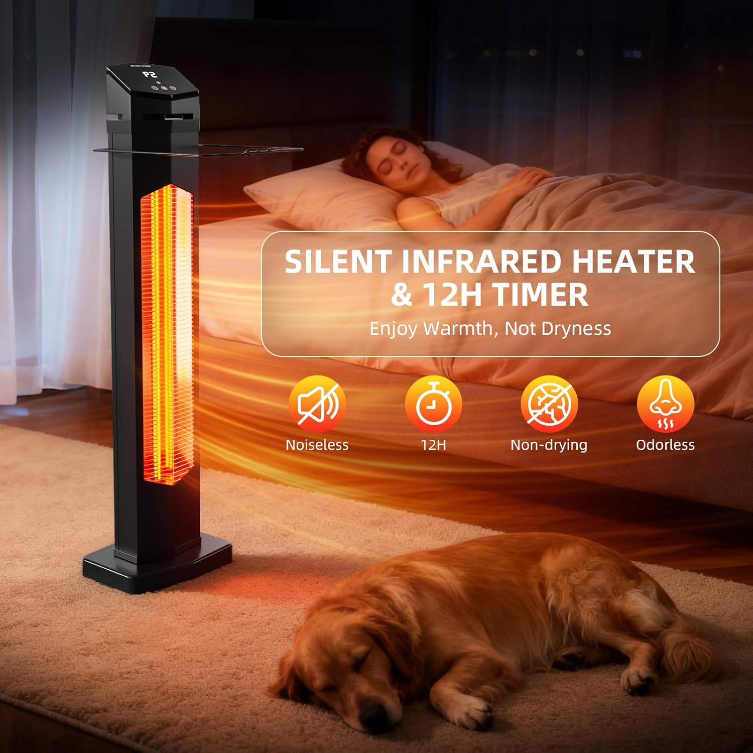 1500W Electric Patio Heater, 36inch Infrared Heater with Remote, IPX5 Waterproof Infrared Tower Space Heater, 2 Heat Levels, 12H Timers, Tip-Over & Overheat Protection for Garage, Indoor, Home - Image 3
