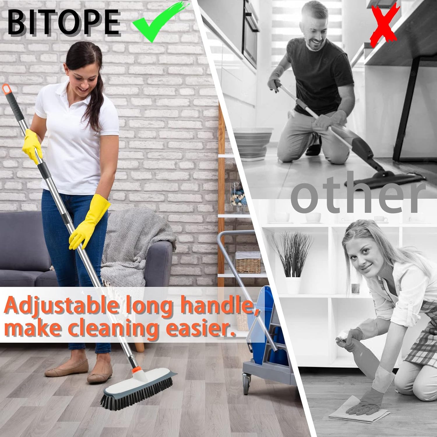 Heavy Duty Floor Scrub Brush and Grout Cleaner Tool with Long Handle Deck Brush with Stiff Bristles Outdoor Scrubber for Cleaning Deck Tile Kitchen Swimming Pool Bathroom(2 Pack Brush Head) - Image 3