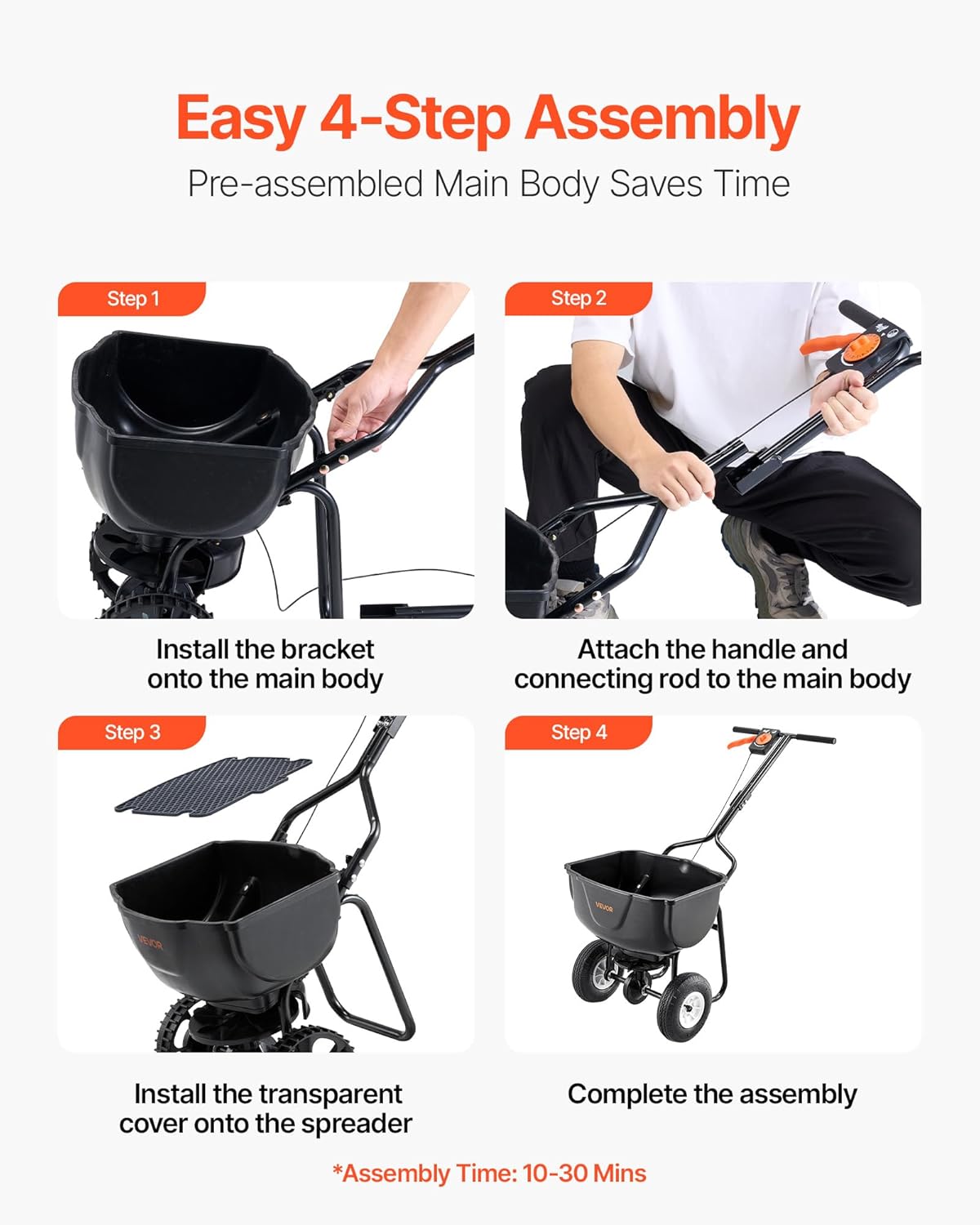 VEVOR Walk Behind Spreader, 60LBS Capacity, Push Spreader with Hopper Grate, 0-9.8 ft Spreading Width, 8 in All Terrain Pneumatic Tires, Garden & Lawn Broadcast Spreaders, for Seed, Fertilizer - Image 4