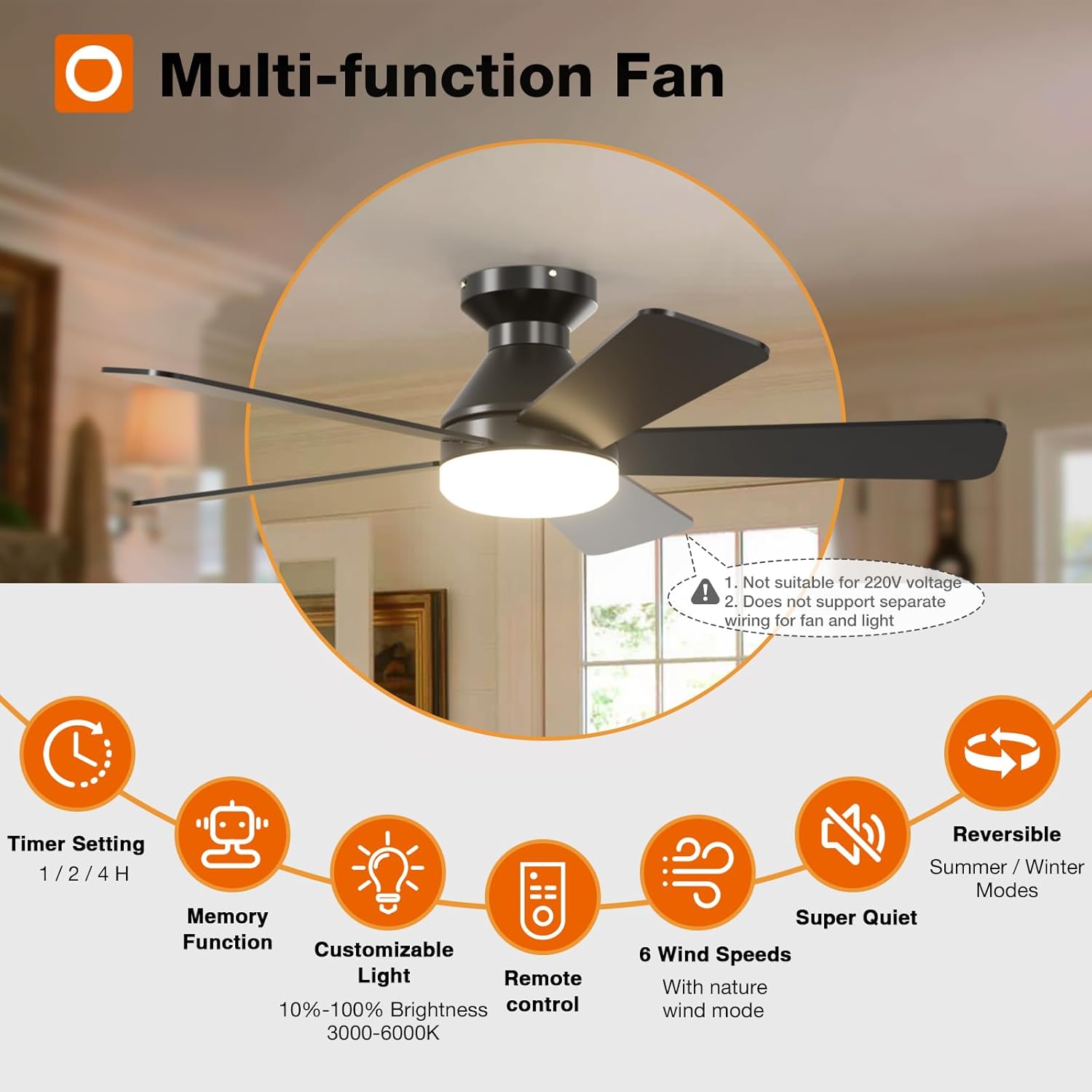 addlon Ceiling Fans with Lights, 42 Inch Low Profile Ceiling Fan with Light and Remote Control, Flush Mount, Reversible, 3CCT, Dimmable, Quiet, Black Small Ceiling Fan for Bedroom Indoor/Outdoor Use - Image 2