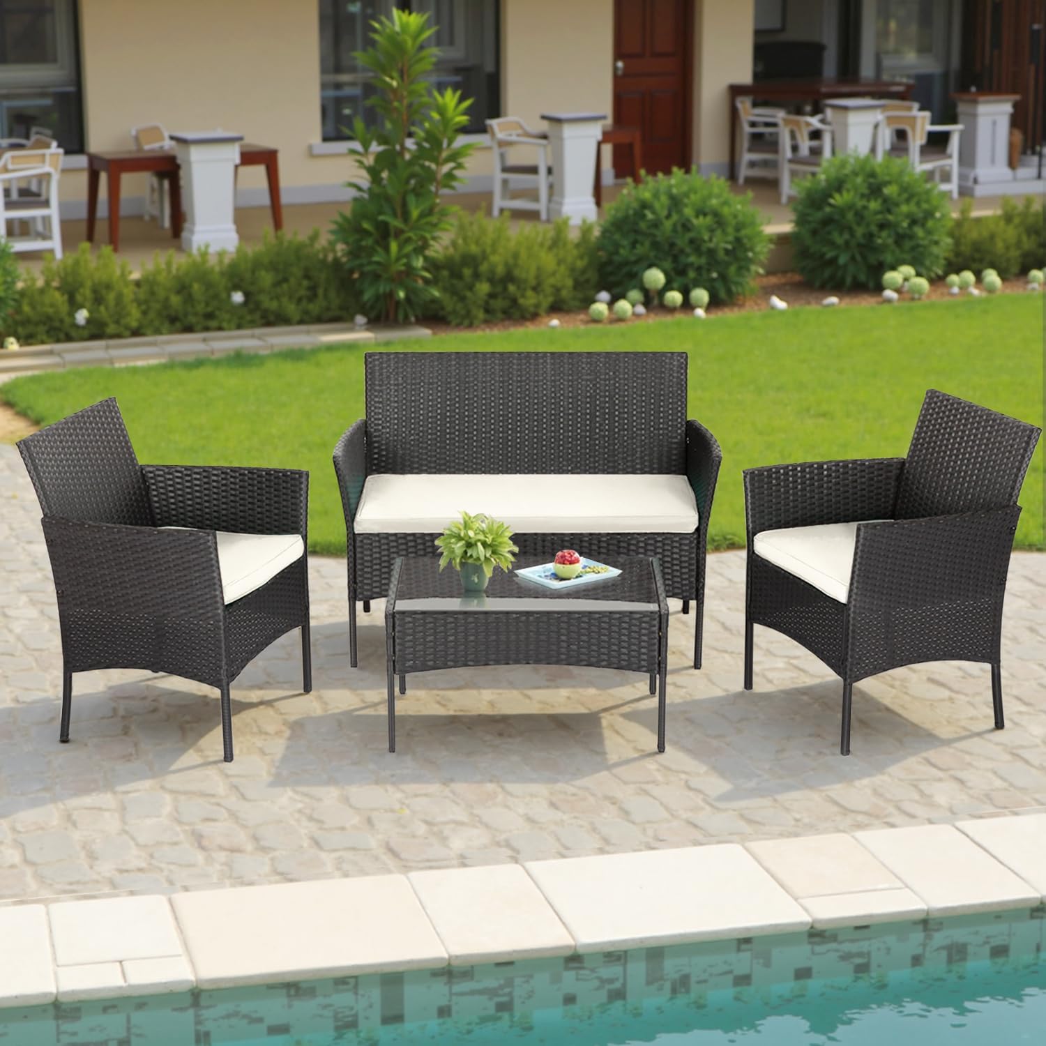 FDW | 4-Piece Patio Furniture Set | Black | Outdoor Wicker Furniture with Coffee Table | Modern Rattan Chairs Conversation Set | Outdoor Seating | Weather-Resistant | for Porch, Garden, Lawn - Image 7