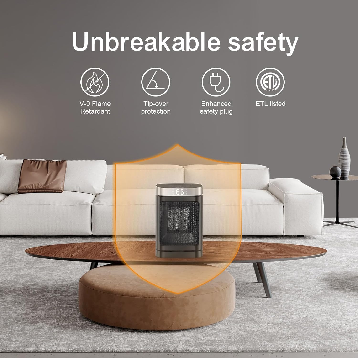 Small Portable Space Heater for Indoor Use - with 70°Rotating Feature, JIBUFI 1500W PTC Electric Heater, Rapid and Safe Heating, Remote Control, 1-12 Hr Timer for Bedroom, Office - Image 5