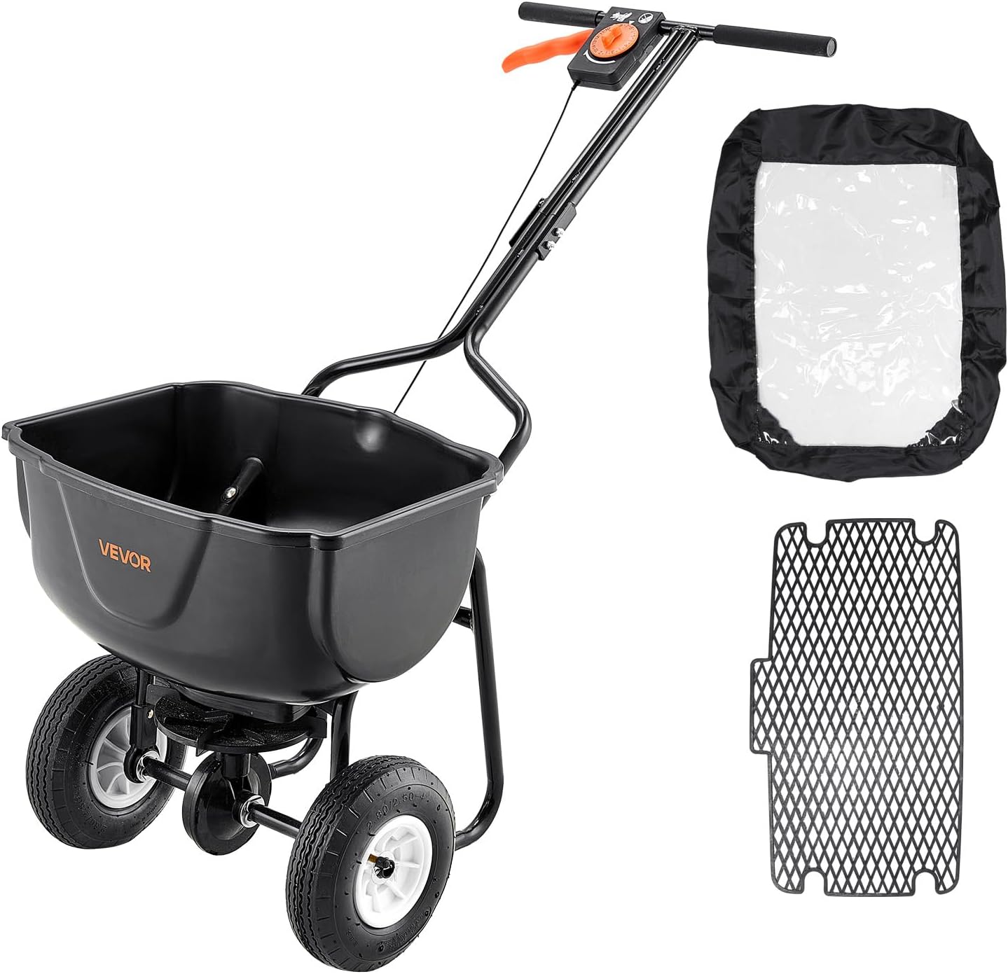 VEVOR Walk Behind Spreader, 60LBS Capacity, Push Spreader with Hopper Grate, 0-9.8 ft Spreading Width, 8 in All Terrain Pneumatic Tires, Garden & Lawn Broadcast Spreaders, for Seed, Fertilizer - Image 9