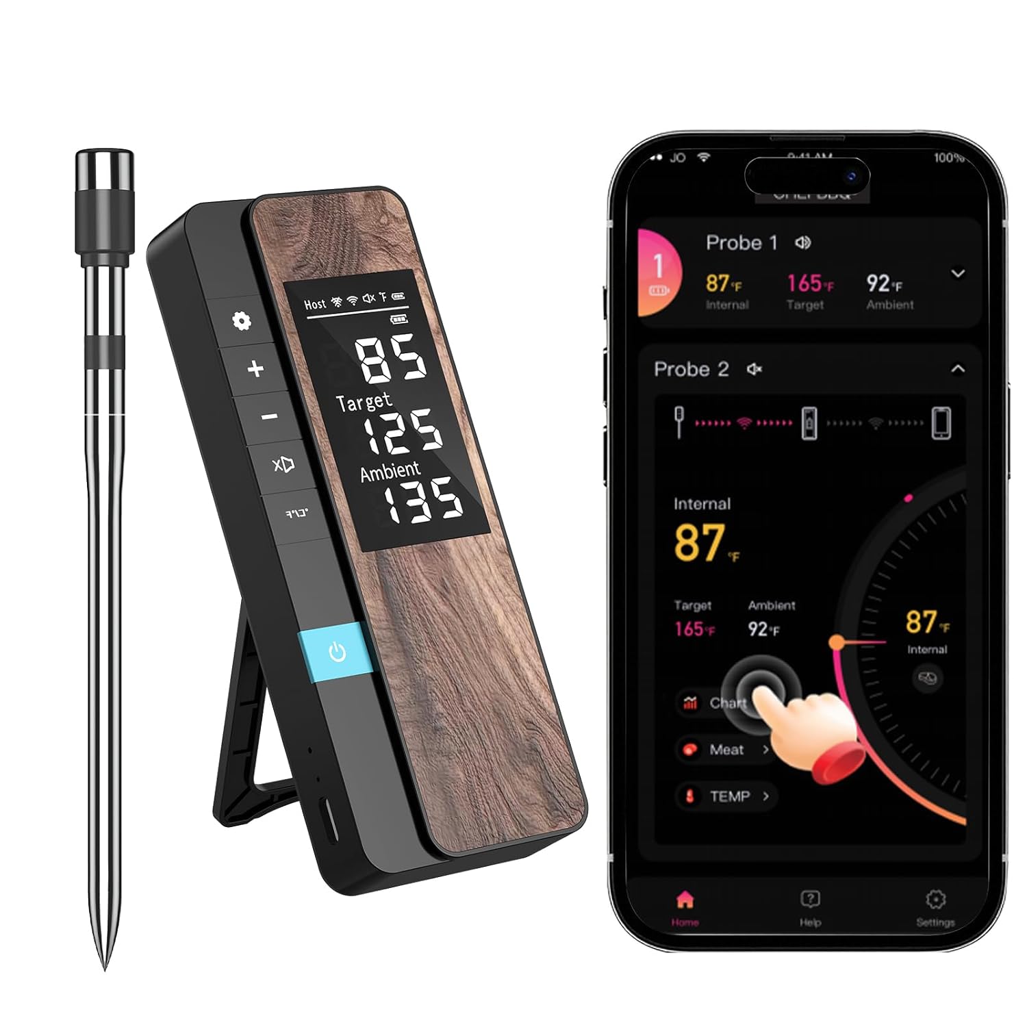 AI Smart Wireless Meat Thermometer, 10X Enhanced Signal and Stability, with High-Accuracy Sensors, Standalone Display Base, Instant Read LCD & App Control for Kitchen,BBQ,Oven,Grill,Air Fryer