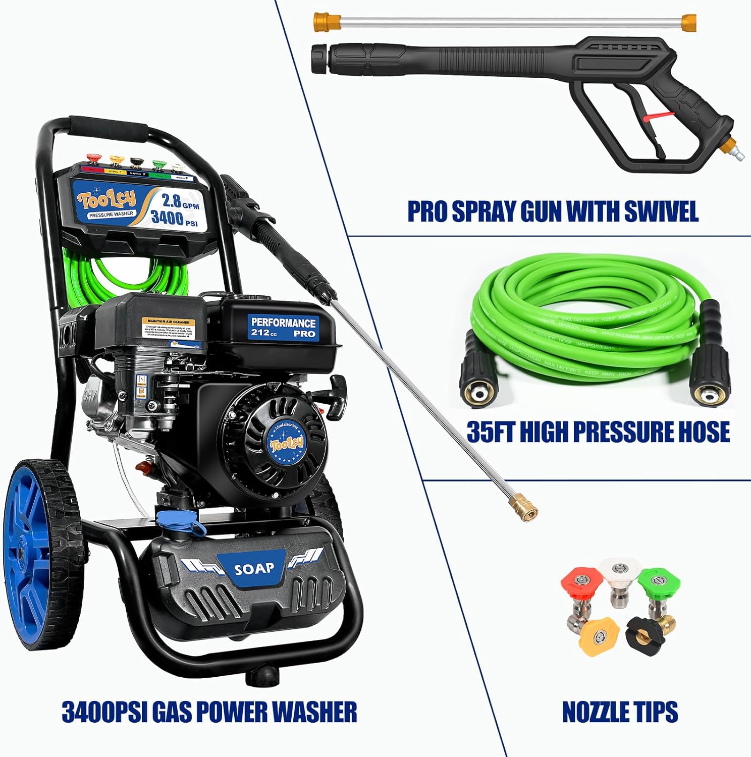 TOOLCY 3400 PSI Gas Pressure Washer, 2.8 GPM Gas Powered Power Washer with Soap Tank, Reinforced Pump & 212cc OHV Engine, 35 FT Pressure Hose, Quick Connect Swivel Pressure Gun, 5 Nozzles for Homes - Image 8