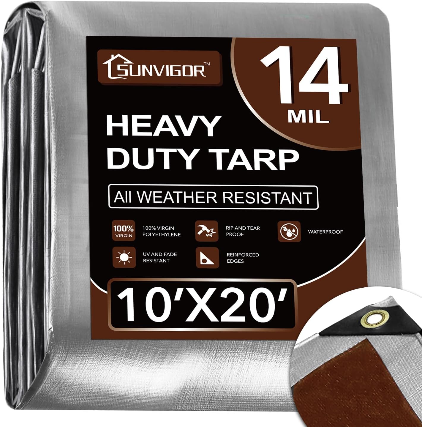 Sunvigor Tarp Waterproof 10x20Ft, Heavy Duty Tarp Cover Extra Thick 14 Mil Tear and UV Resistant, Outdoor Tarps with Grommets and Reinforced Edges for Roof, Camping, Patio, Pool, Boat