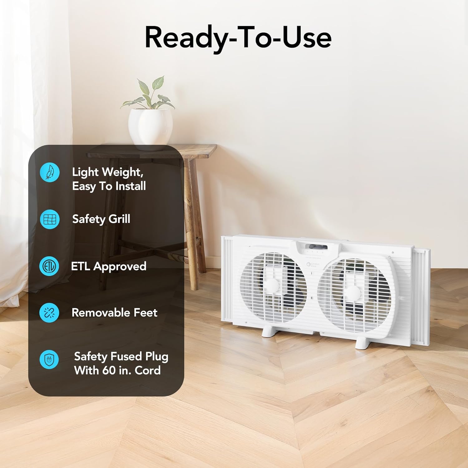 Comfort Zone 9-Inch 3-Speed Reversible Twin Window Fan – Dual Blade Window Exhaust Fan with Auto-Locking Expanders, 22.25" to 33" Wide – Tabletop Feet & Removable Bug Screen included - Image 5