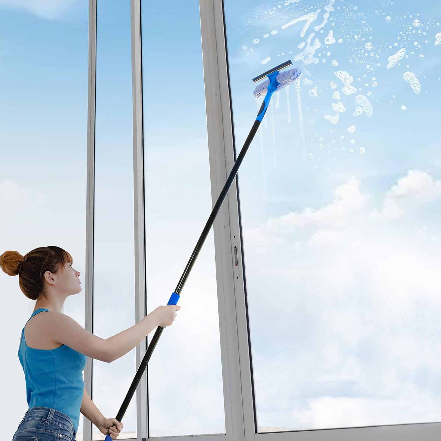 VITEVER Professional 69'' Window Squeegee Cleaner Tool with Extension Pole, 2-in-1 Squeegee for Window Cleaning Kit with Scrubber and Rotating Head, 1 Blade 2 Scrubber - Image 6