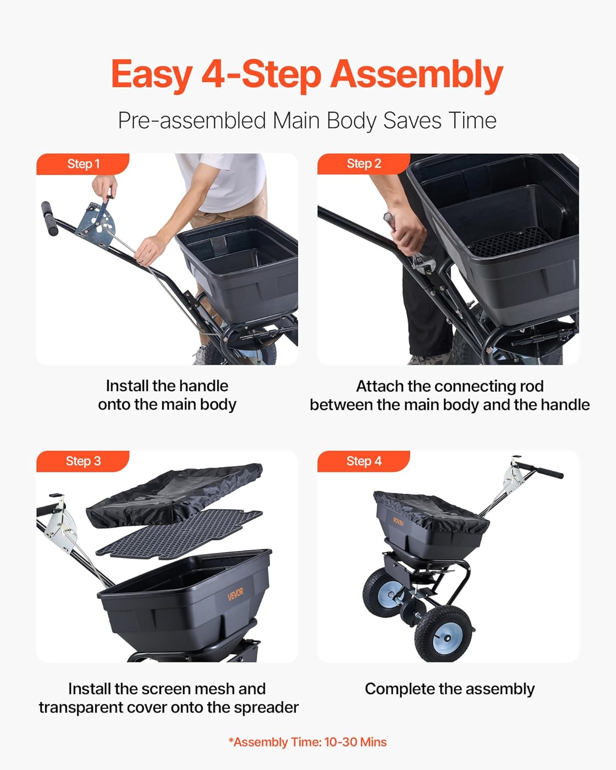 VEVOR Broadcast Spreader, 100LBS Capacity, Walk-Behind Push Spreader, 0-9.8ft Spreading Width, 13 in All Terrain Pneumatic Tires, Fertilizer Spreaders with Hopper Grate, for Seed Salt Ice Melt - Image 6