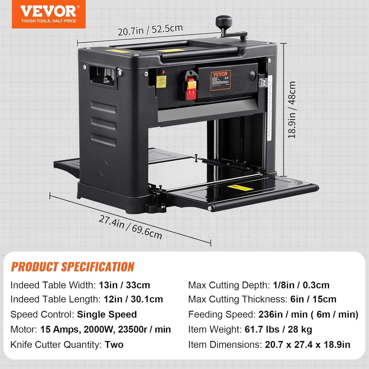 VEVOR Thickness Planer, Two-Blade, 13" Width Worktable Benchtop Planer, 15-Amp 2000W Powerful Motor, 12" Extended Infeeding Table, Low Noise for both hard & soft wood material removal - Image 7