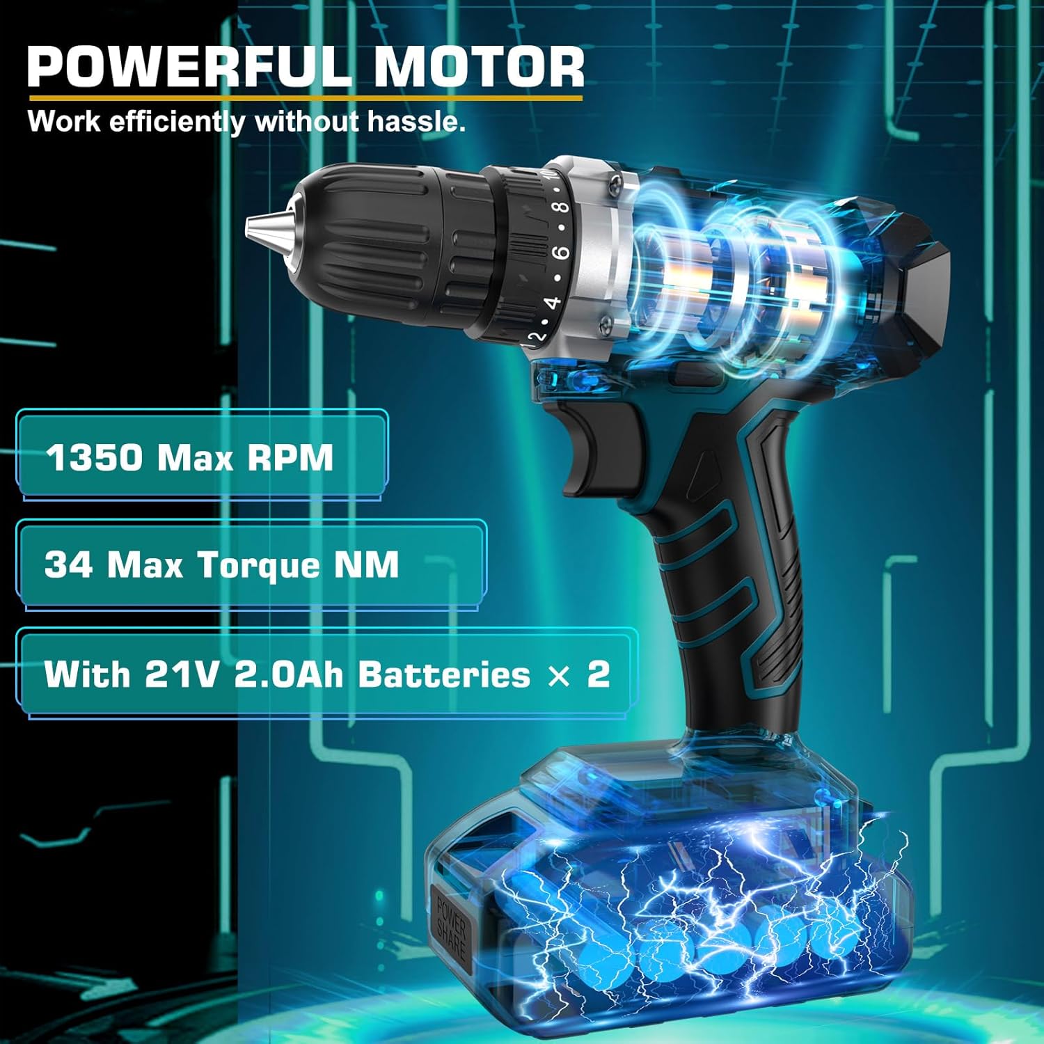 Tool Kit with 21V Cordless Drill - Sundpey 255-PCs Portable Complete General Basic Home and Auto Repair Tool Set with Drawer for Handyman & Diyer & Homeowner - Power Drill with 2 x 2.0Ah Batteries - Image 4