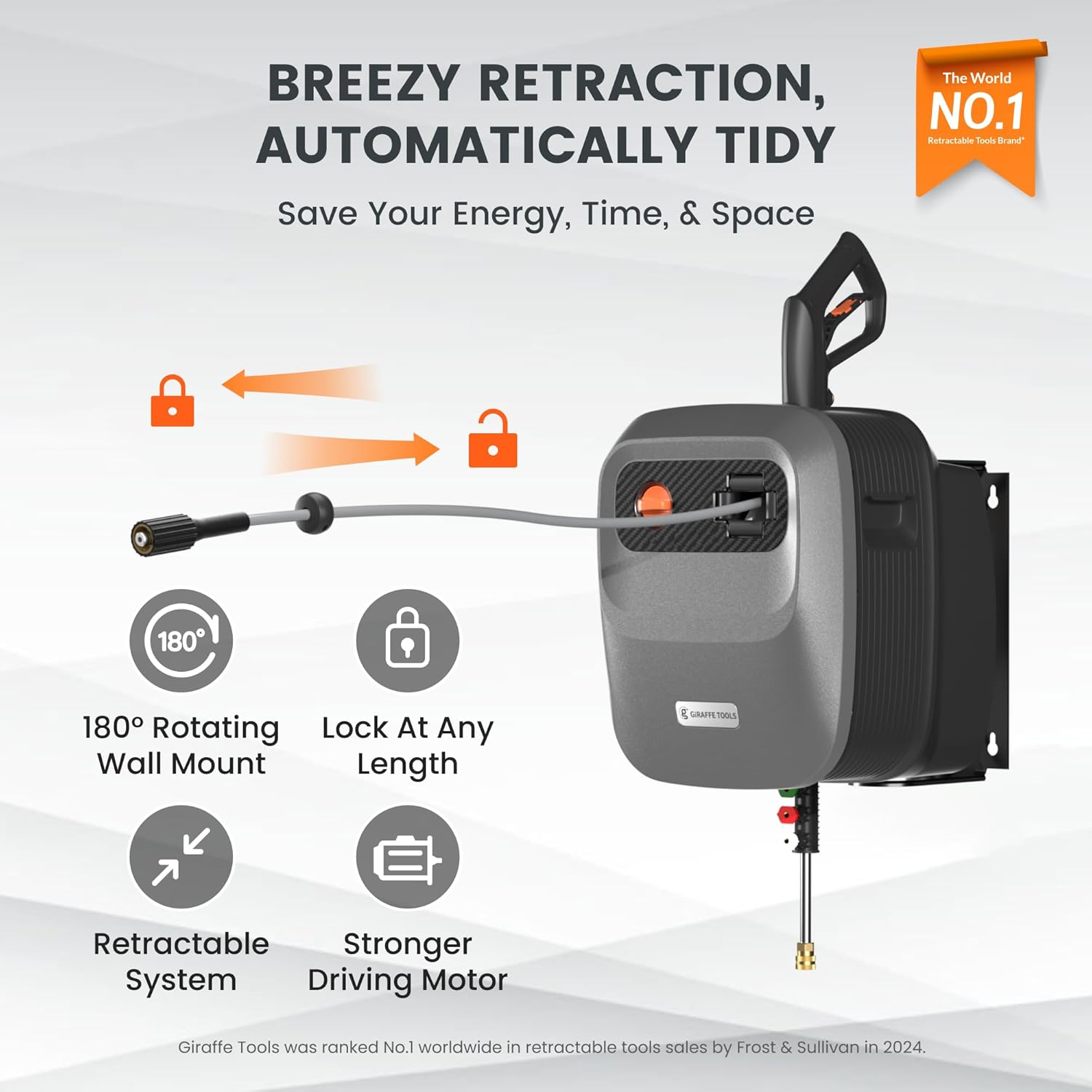 Giraffe Tools Grandfalls Retractable Pressure Washer G20, 2500 PSI 2.2 GPM, 180° Wall Mounted Power Washer, Auto-Retract with 65FT Hose Reel, 5 Nozzles for Floor/Cars/Fences/Patios, Dark Silver - Image 3