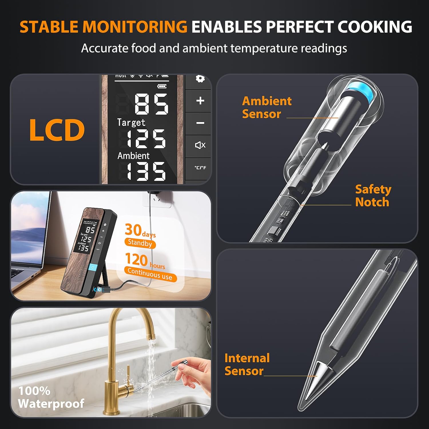 AI Smart Wireless Meat Thermometer, 10X Enhanced Signal and Stability, with High-Accuracy Sensors, Standalone Display Base, Instant Read LCD & App Control for Kitchen,BBQ,Oven,Grill,Air Fryer - Image 3