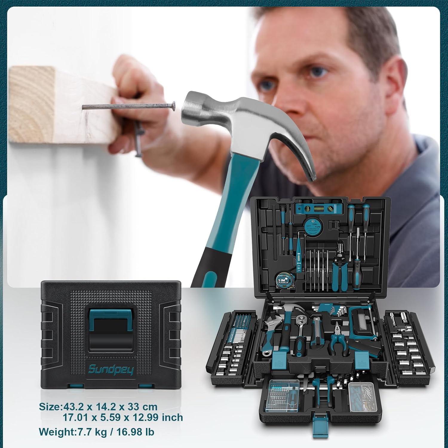 Sundpey 379-PCs Home Tool Kit - Portable Complete Household and Auto Repair Tool Set - Hand General Basic Tool Box Storage Case with Drawer - Full Basic Toolkit for Handyman & Diyer & Homeowner - Image 3