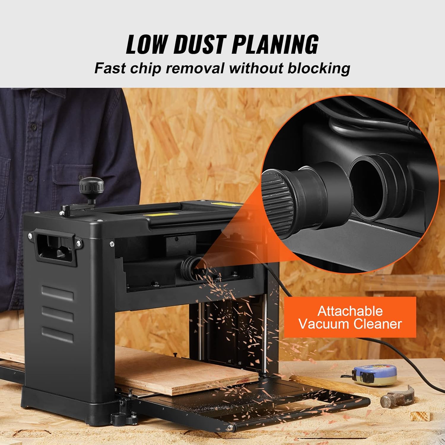 VEVOR Thickness Planer, Two-Blade, 13" Width Worktable Benchtop Planer, 15-Amp 2000W Powerful Motor, 12" Extended Infeeding Table, Low Noise for both hard & soft wood material removal - Image 6