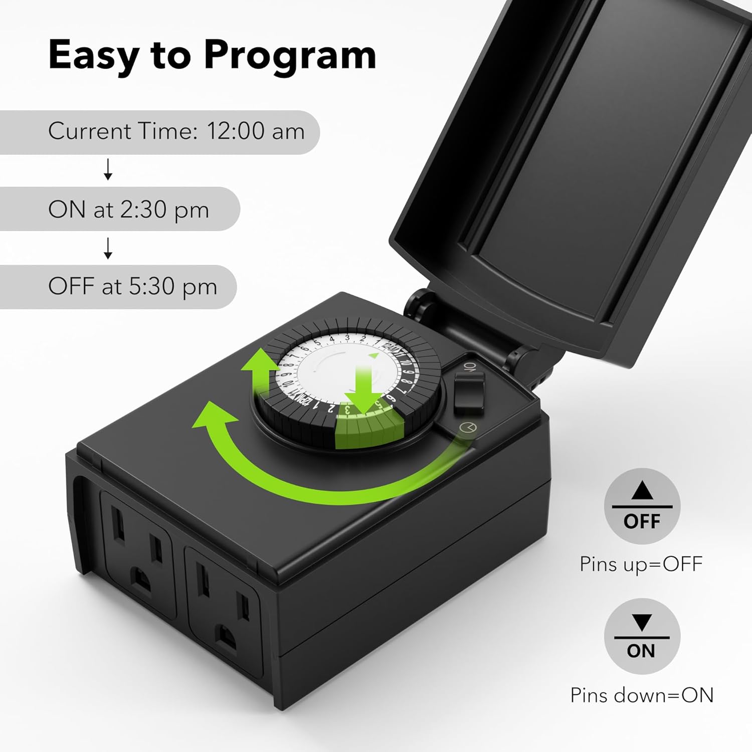 BN-LINK 24 Hour Heavy Duty Mechanical Timer, Outdoor Timer Outlet Waterproof with 30 Minutes Intervals, 2 Grounded Outlets for Christmas Lights Pool Pump,15A 1/2HP, ETL Listed - Image 4