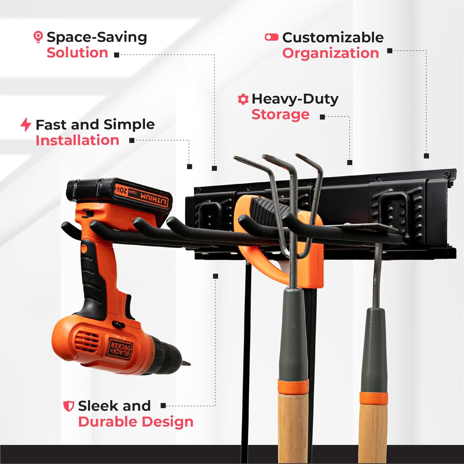 TIDYME Garage Tool Organizer Wall Mount - 48 inches - Sturdy Storage Rack with Adjustable Hooks, Anti-Rust - Easy Installation, 300lbs Capacity - Garden Tool Organizer (03 Racks & 06 Hooks) - Image 5