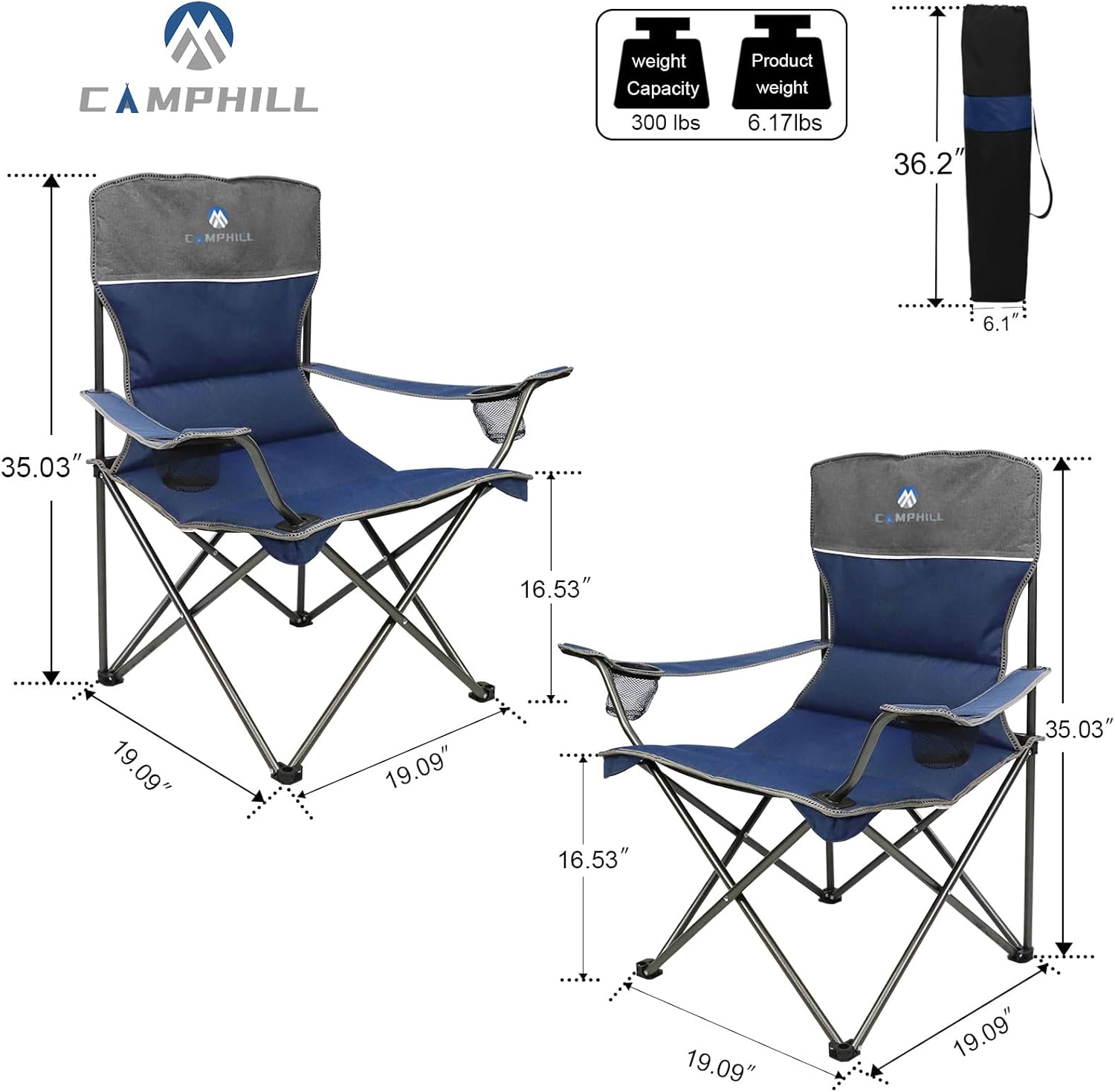 CAMPHILL Camping Chair Set of 3, Outdoor Folding Camping Chairs for Heavy People with Cup Holder & Carry Bag,Collapsible Chair Include One Sofa Chair and Two Single Chair,Support up to 500lbs - Image 4