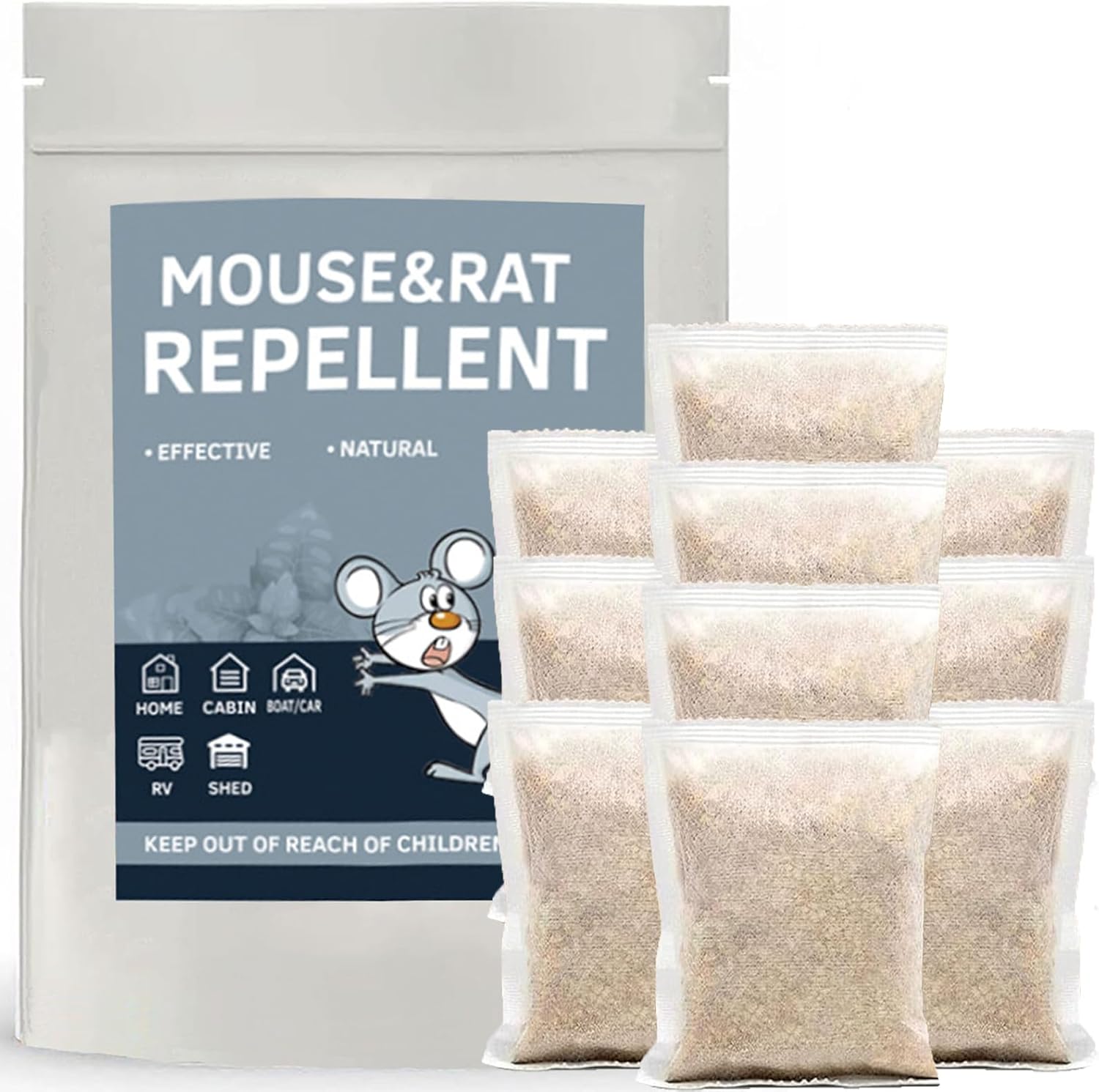 Mouse Repellent Pouches 10 Pack High Potency Peppermint Oil Rodent Deterrent for House, Car Engines & RV Long Lasting Indoor Mice Repellent for Garage, Attic & Storage