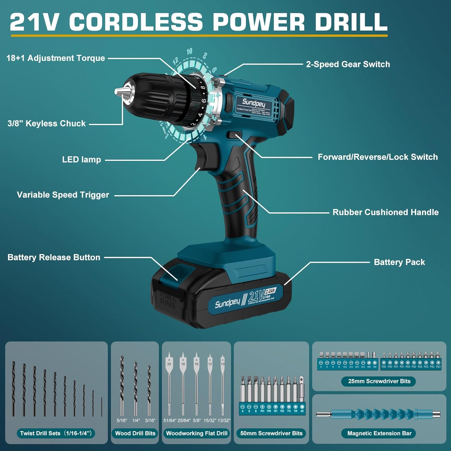Tool Kit with 21V Cordless Drill - Sundpey 255-PCs Portable Complete General Basic Home and Auto Repair Tool Set with Drawer for Handyman & Diyer & Homeowner - Power Drill with 2 x 2.0Ah Batteries - Image 5
